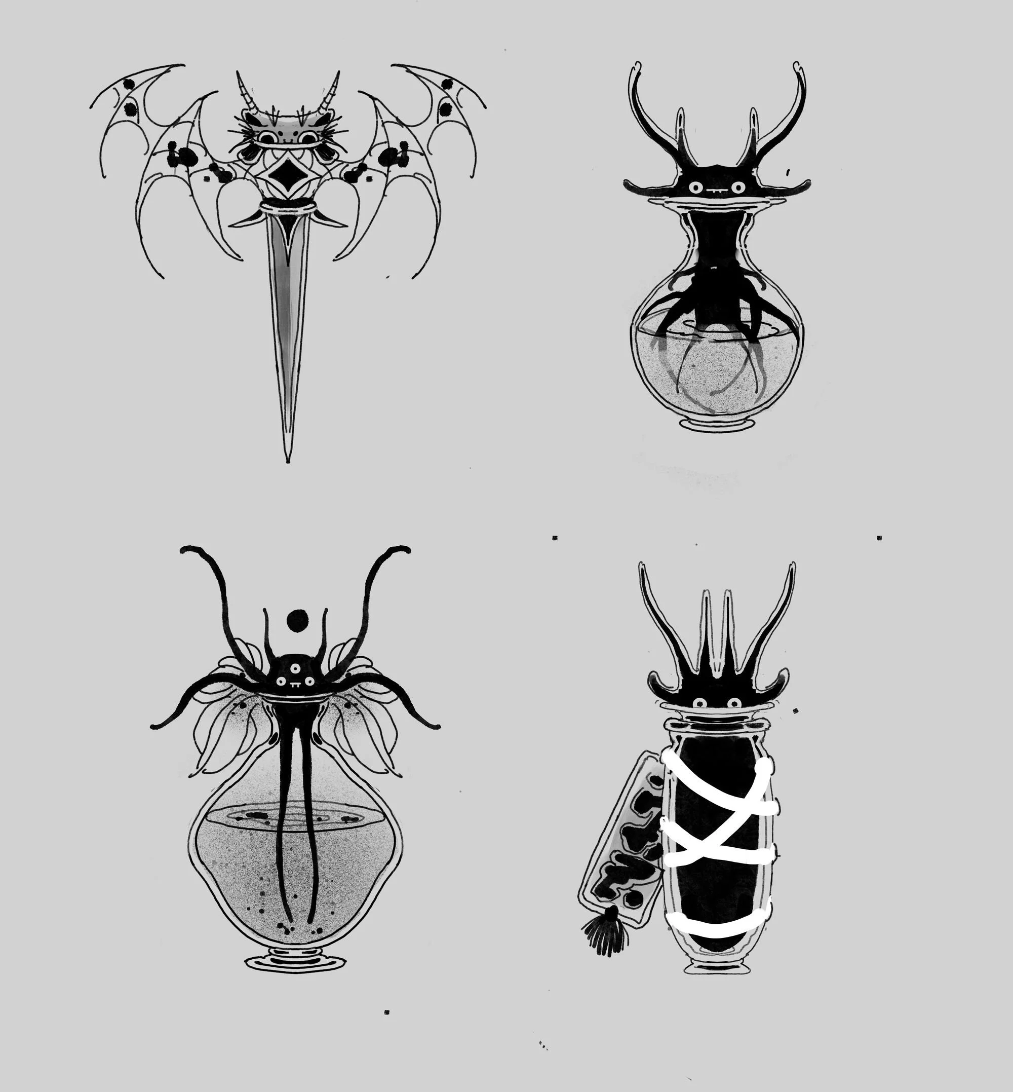 Four black and white illustrated fantastical insect-like creatures with humanoid eyes, some with antennae, wings, and other features, placed in different vessels or containers on a gray background.