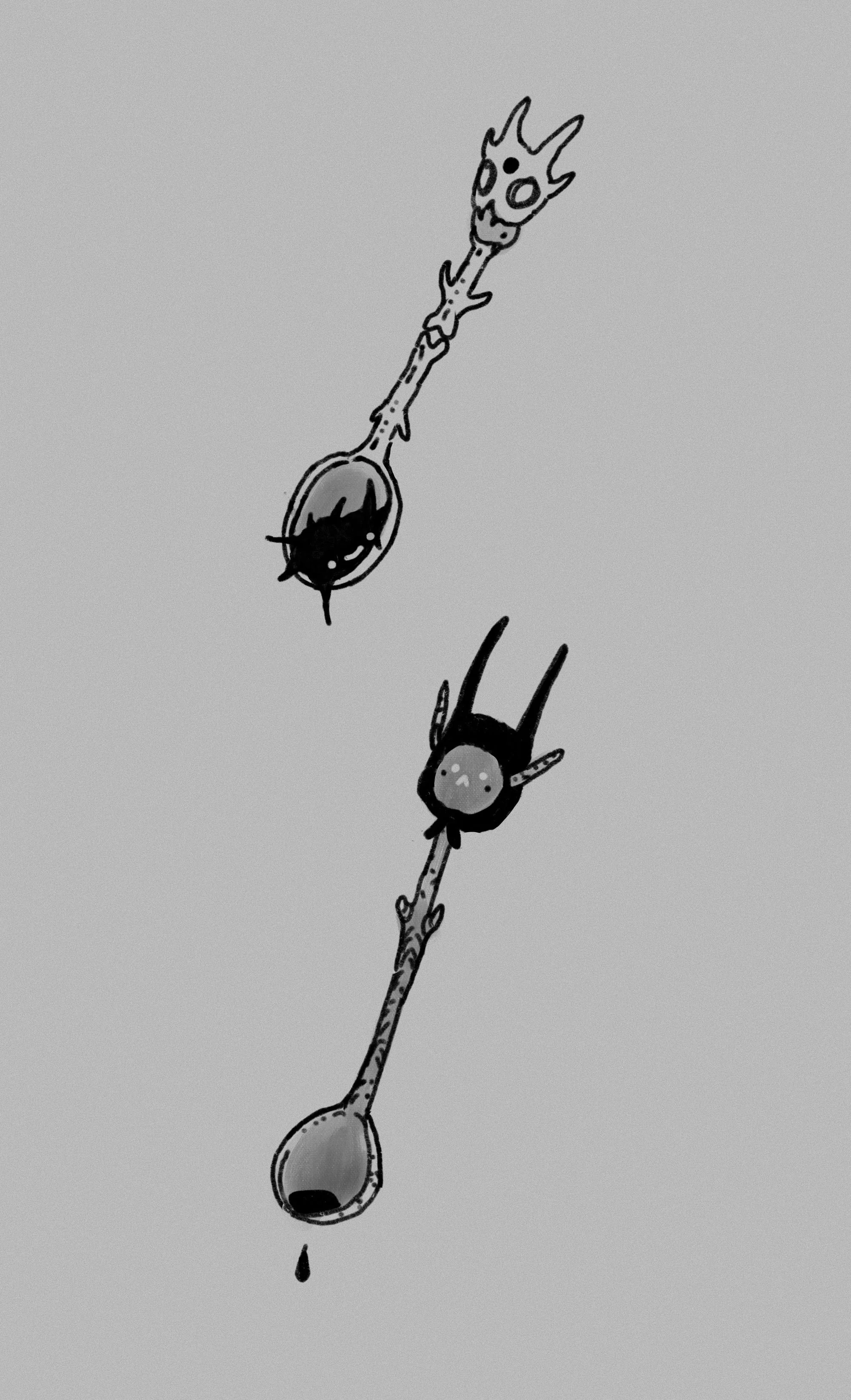 Black and white drawing of two stylized insects or creatures hanging from a long, thin branch. The top creature has an elongated body with a skull-like face, while the bottom creature has a round face with large ears and antennae. A droplet of liquid