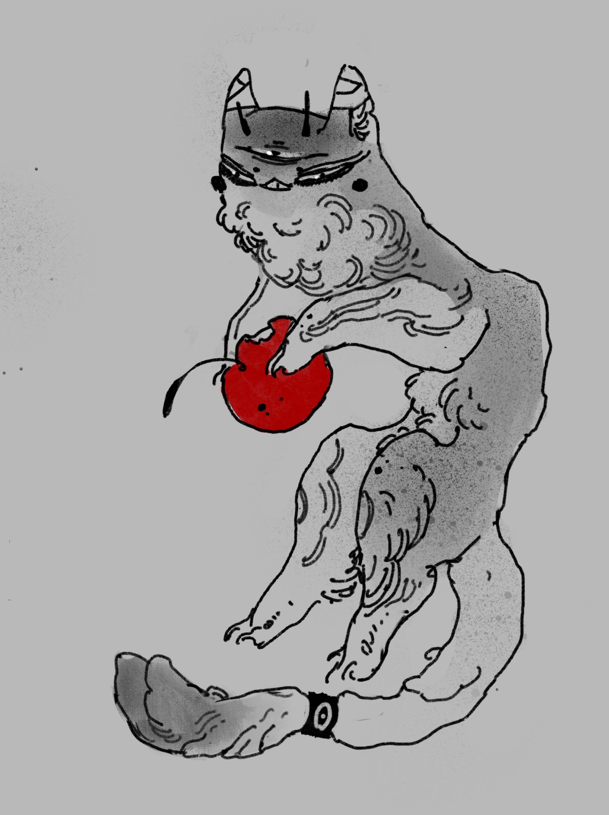 A black and white drawing of a creature with a feline body and human-like face wearing a horned crown, holding a red heart, and wearing a watch on its tail.