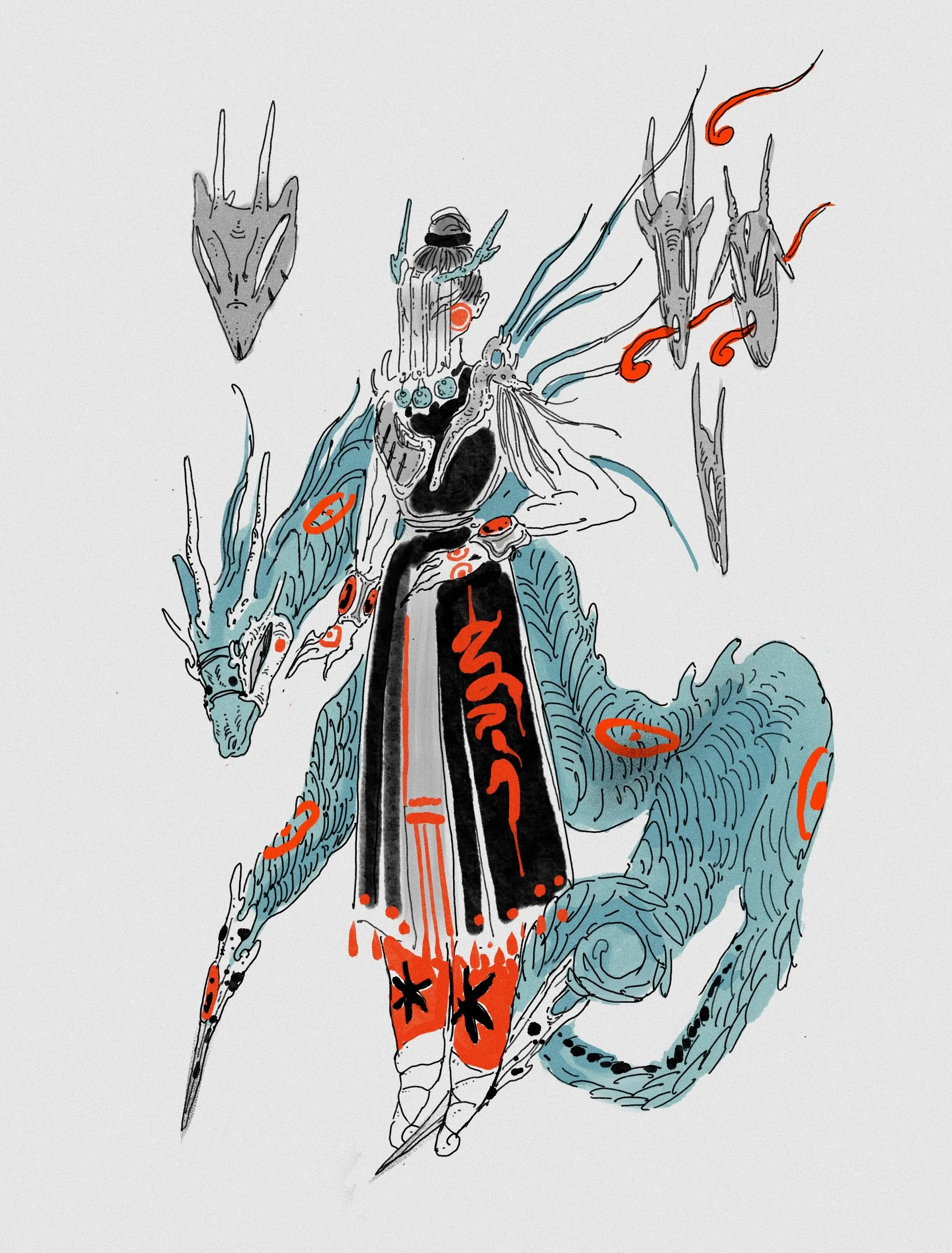 An abstract illustration of a mythical creature with a dragon-like body, horns, armor, and multiple weapons, drawn with black, red, and blue lines.