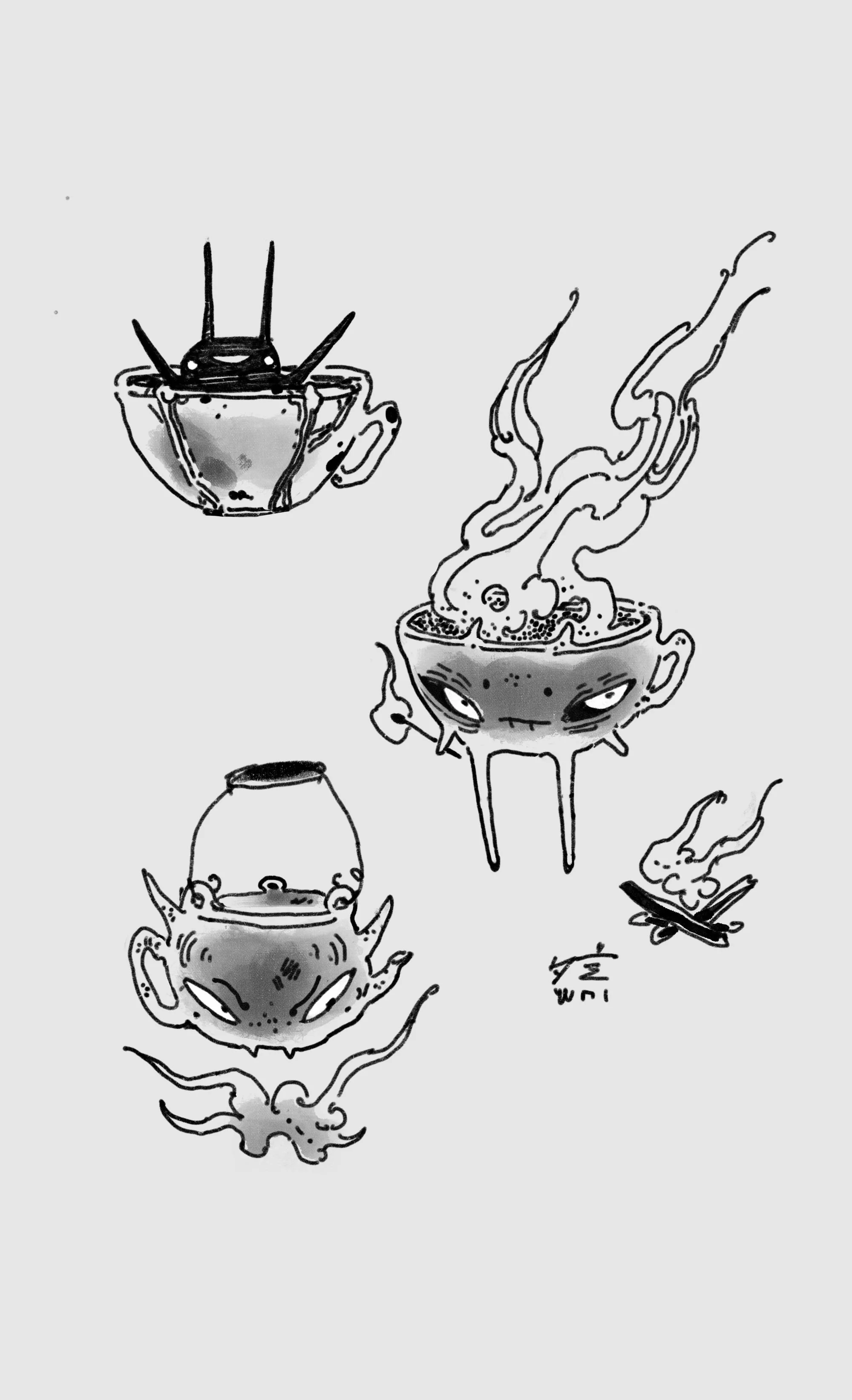 Black and white illustration of several anthropomorphic teacups with facial expressions and steam rising from them, along with small floating flames or smoke elements.