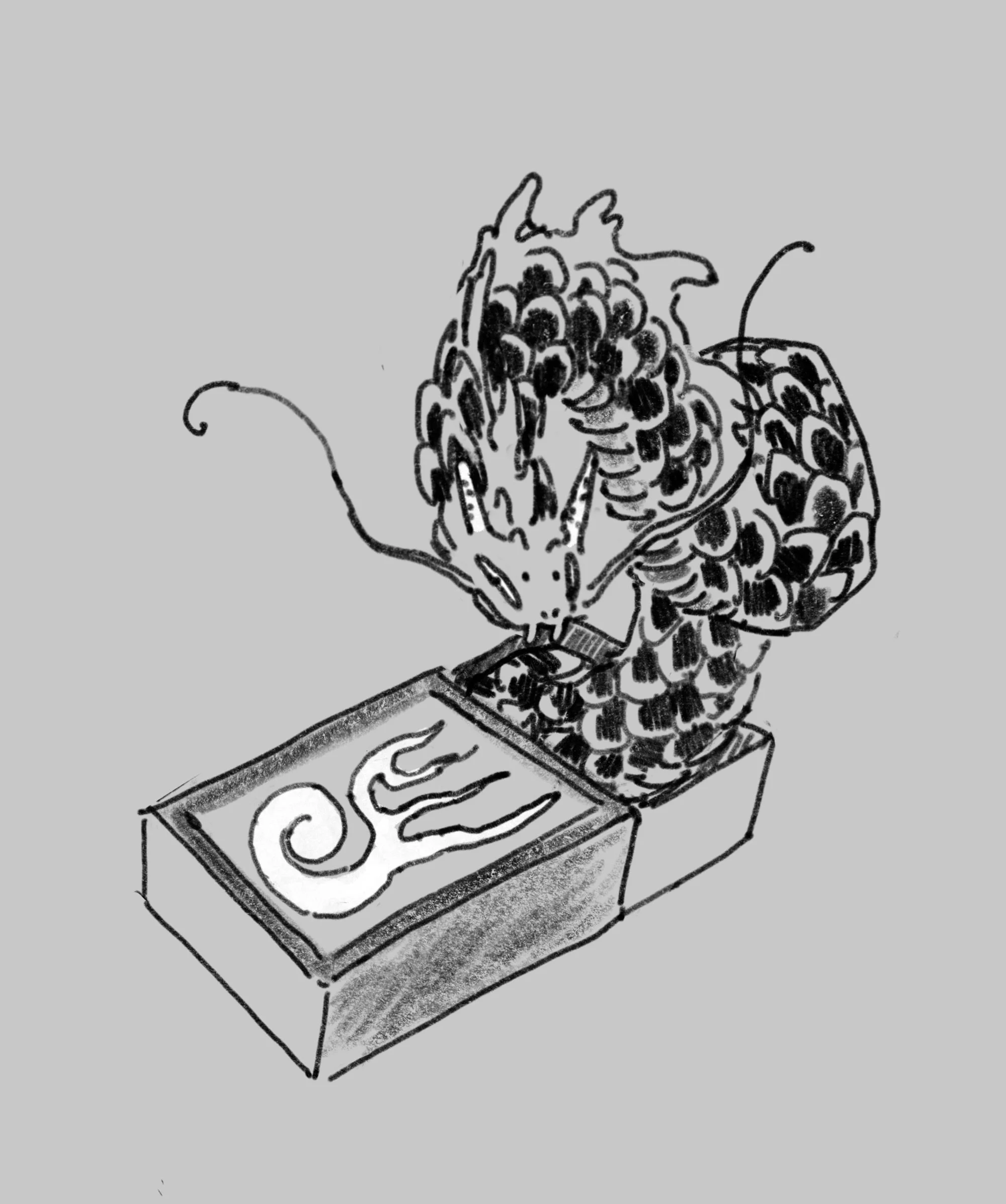 Sketch of a dragon with long whiskers, sitting beside a box with swirling flames on it.