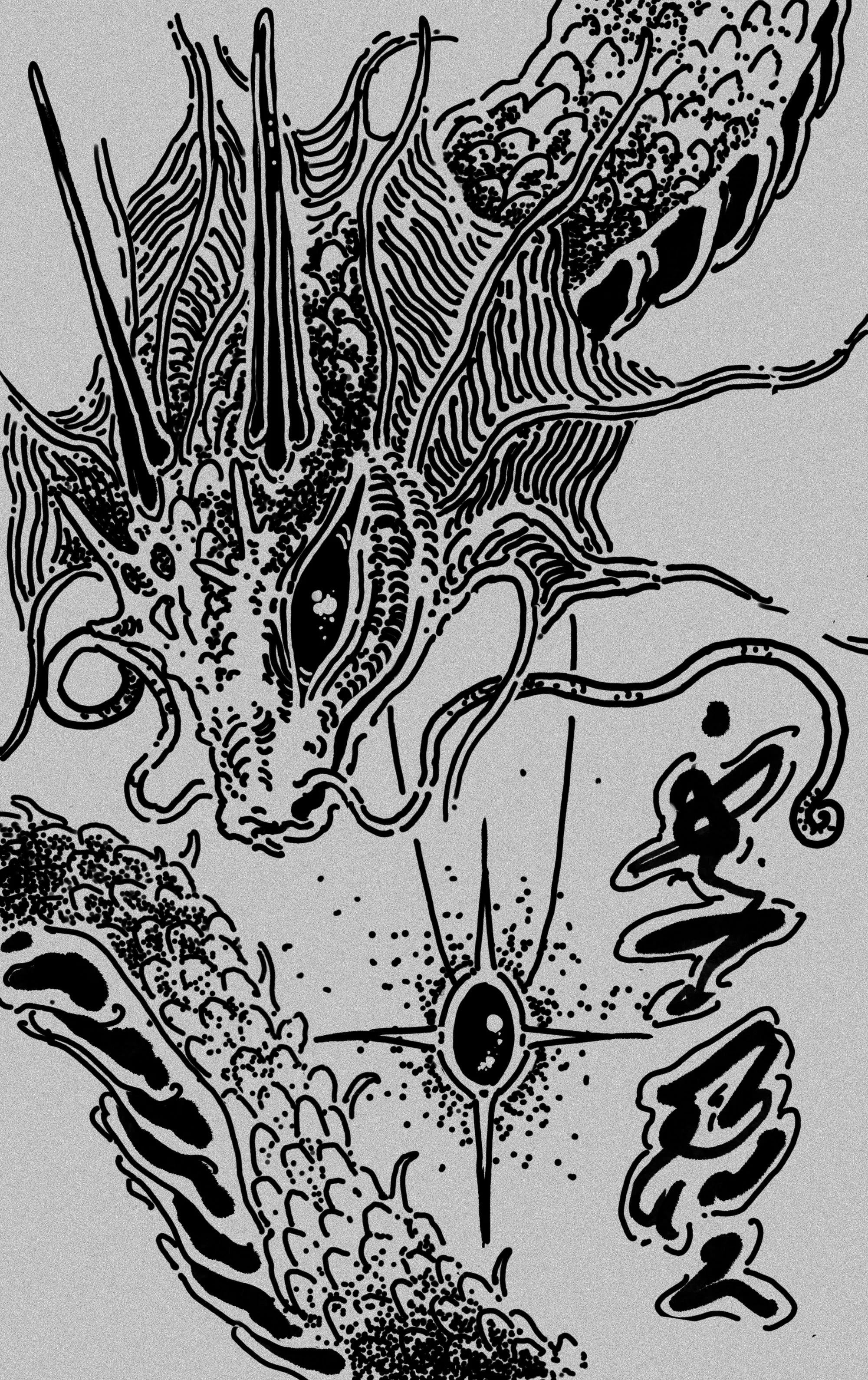 Black and white digital illustration of a dragon's head with detailed scales, horns, and sharp features, facing downward with a fierce expression, set against a gray background.