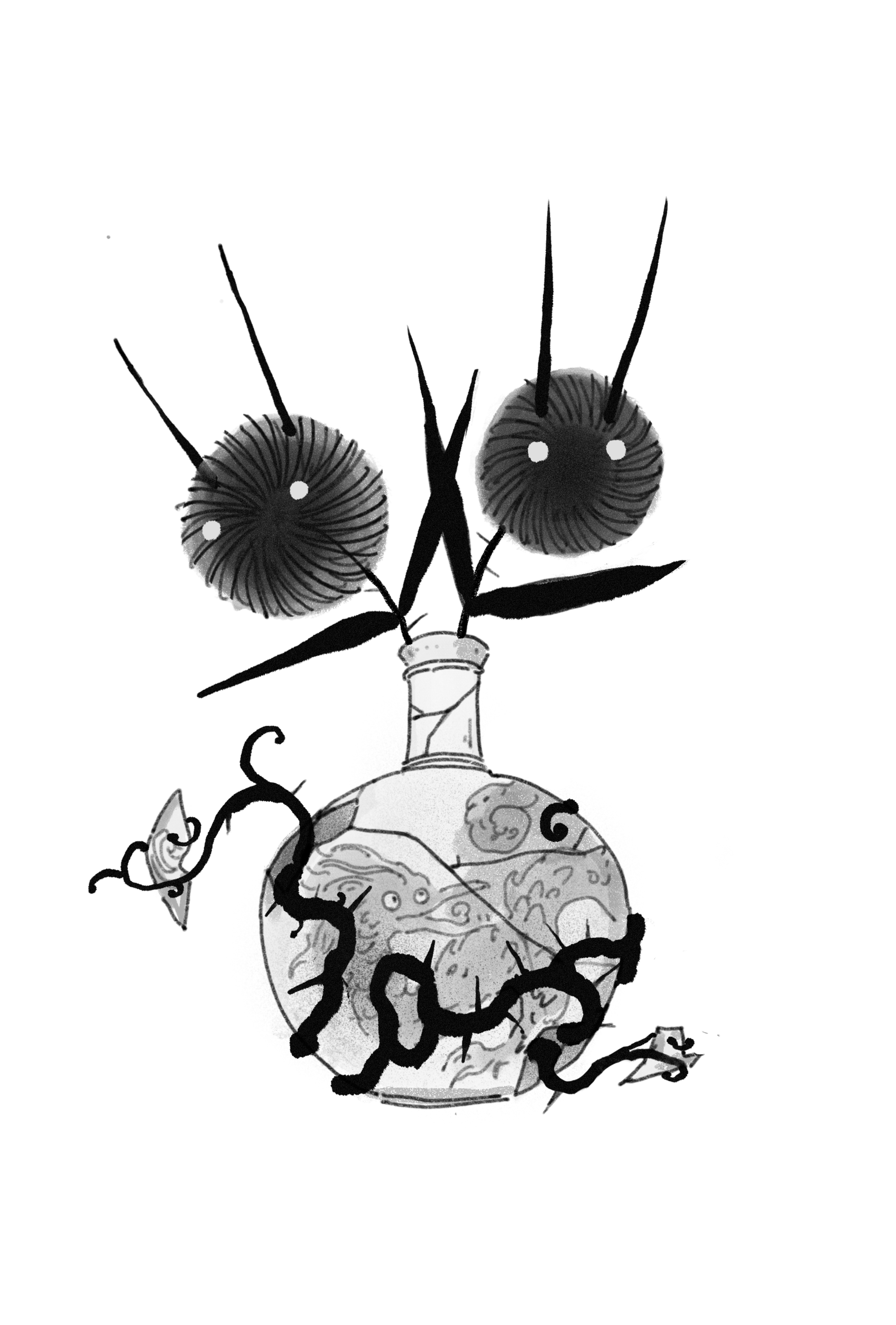 Black and white drawing of a glass teapot with dragons on it, two mushrooms with antennae resembling eyes above, and the year '2023' written across the teapot.