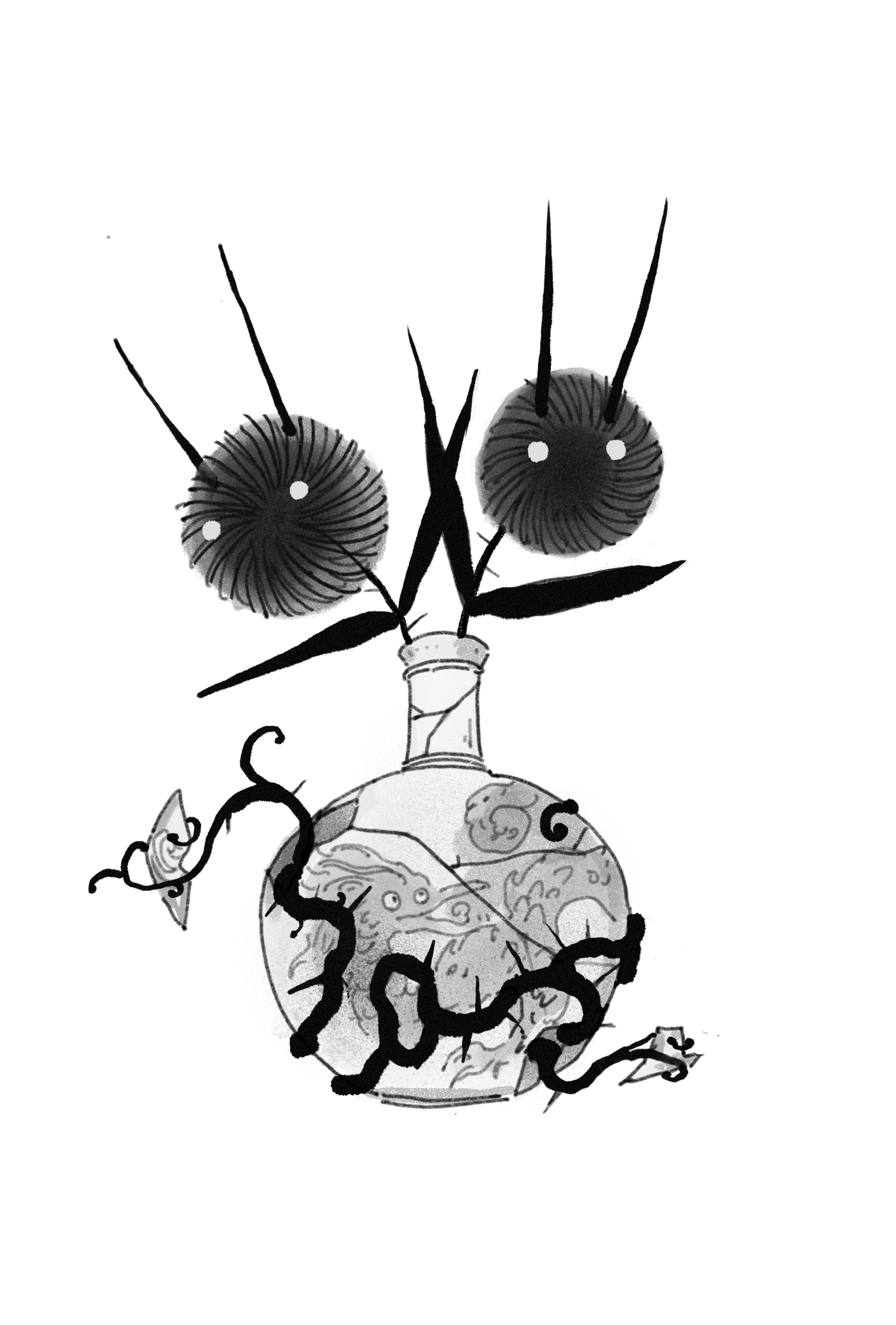 A black and white illustration of a perfume bottle with the year '2005' written on it, two mushrooms with long black stems, and a few leaves surrounding the bottle.