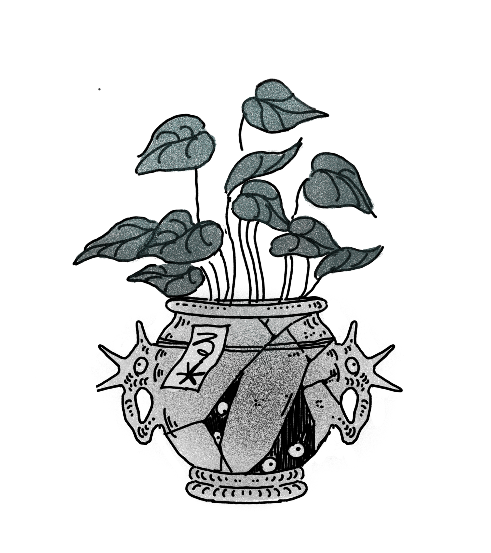 A drawing of a potted plant with dark green leaves growing in a decorative vase covered with crystals and a small tag that says 'luck'.
