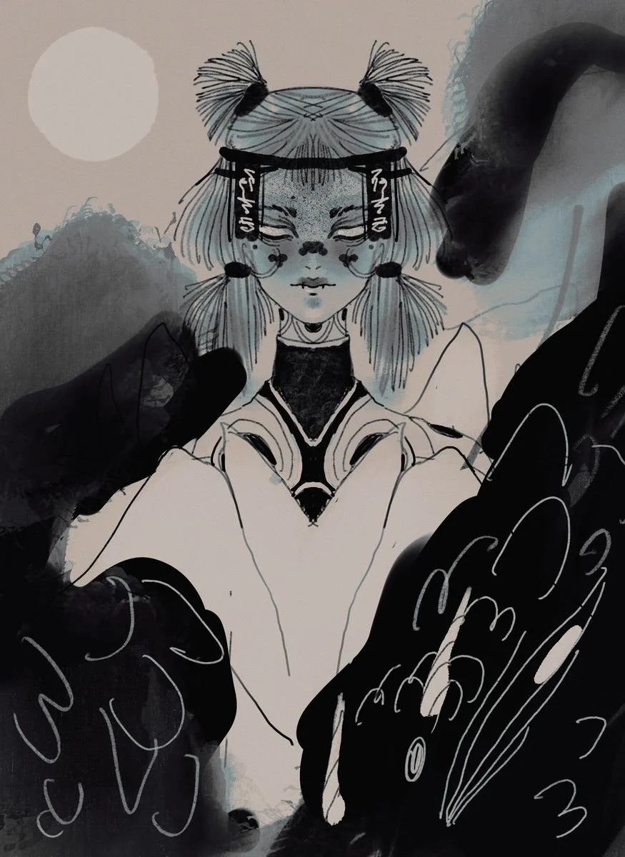 A monochrome digital illustration of a woman with traditional and fantasy elements, surrounded by dark, abstract shapes, with a large moon in the background.