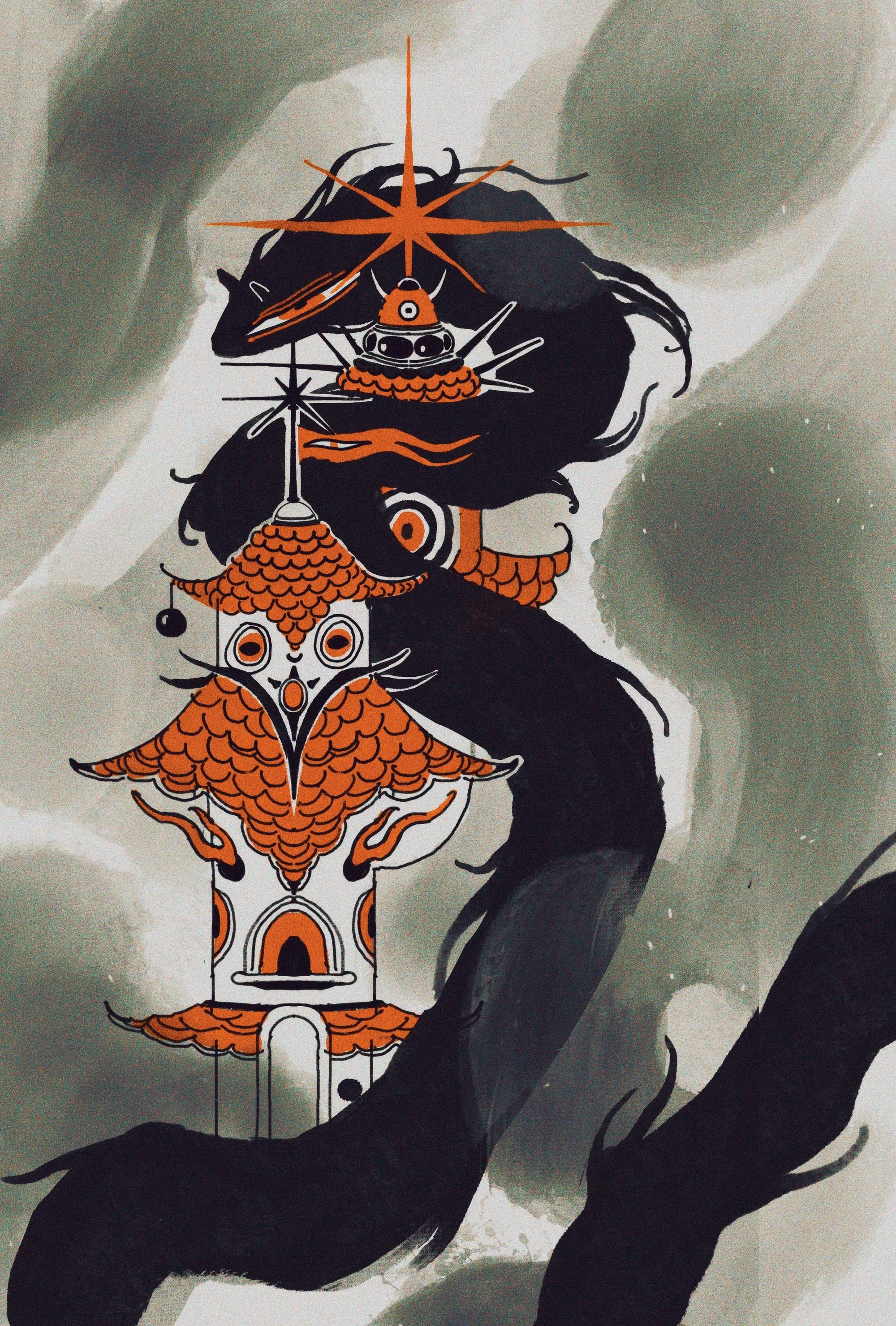 An illustration of a black dragon with orange and white details, intertwined with a colorful traditional Chinese lantern. The background features soft green and gray hues.