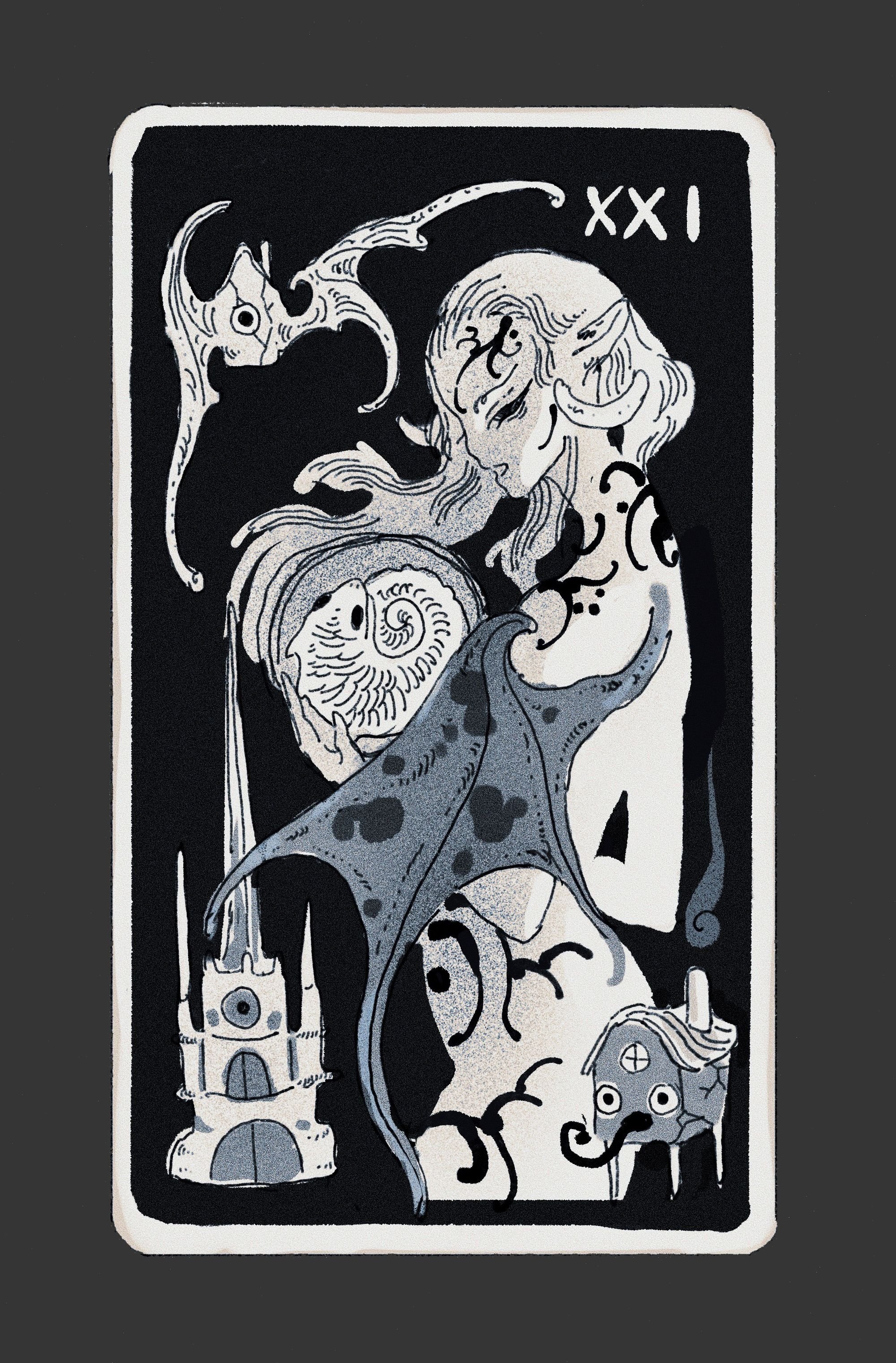 Illustration of a woman with long hair looking at a spiral shell, surrounded by abstract shapes, a castle, and a house, with the Roman numeral XXI in the top right corner.