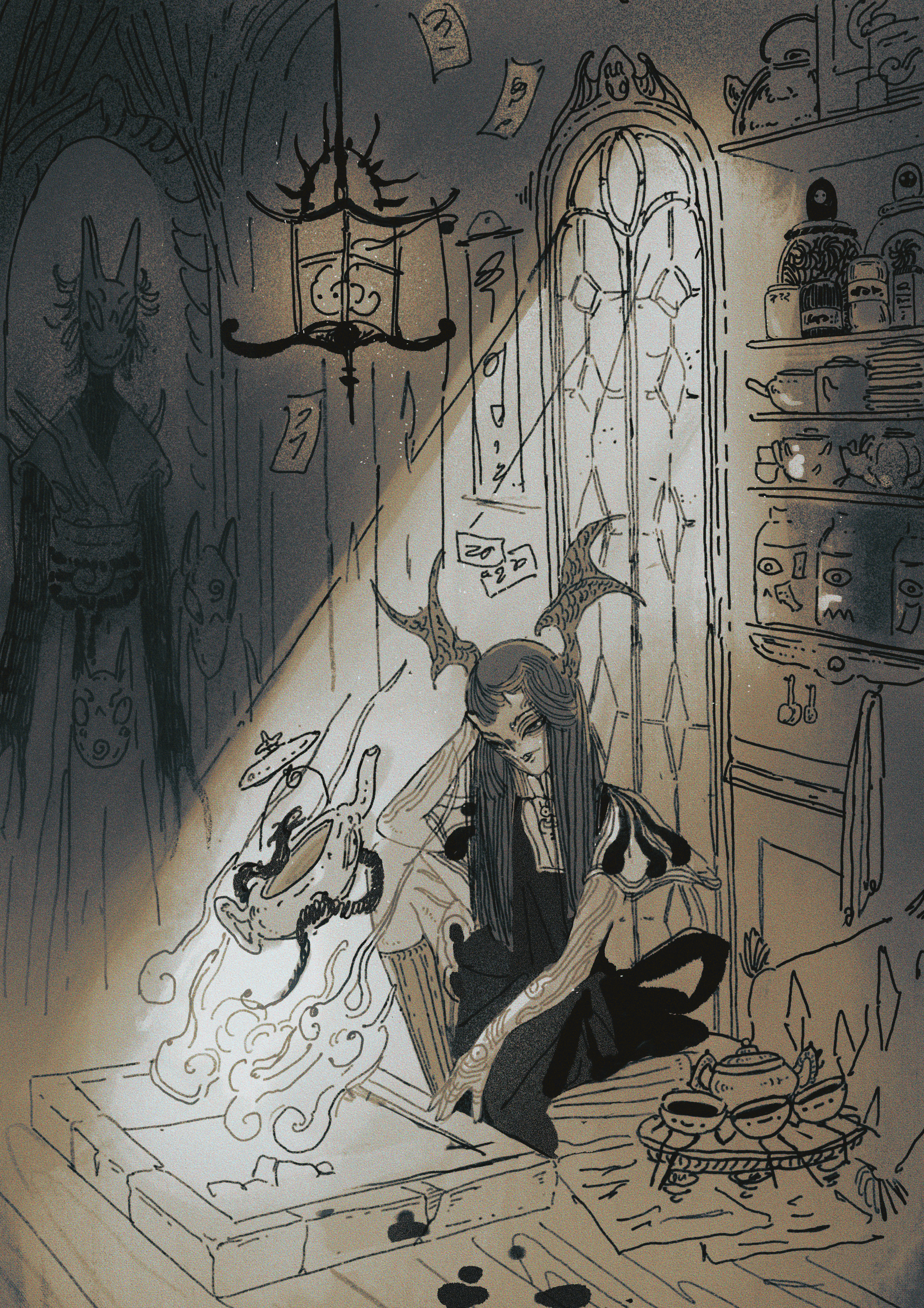 A fantasy illustration of a demon girl with horns, sitting on the floor in a dimly lit room with a fireplace, shelves with jars and books, and a stained glass window. She is surrounded by magical symbols and glowing smoke.