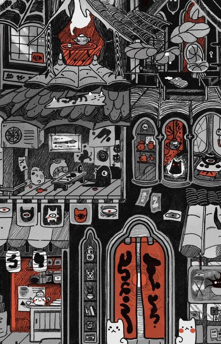 A detailed black-and-white illustration of a cozy, cluttered Japanese-style house interior, featuring cats and various decorated objects.