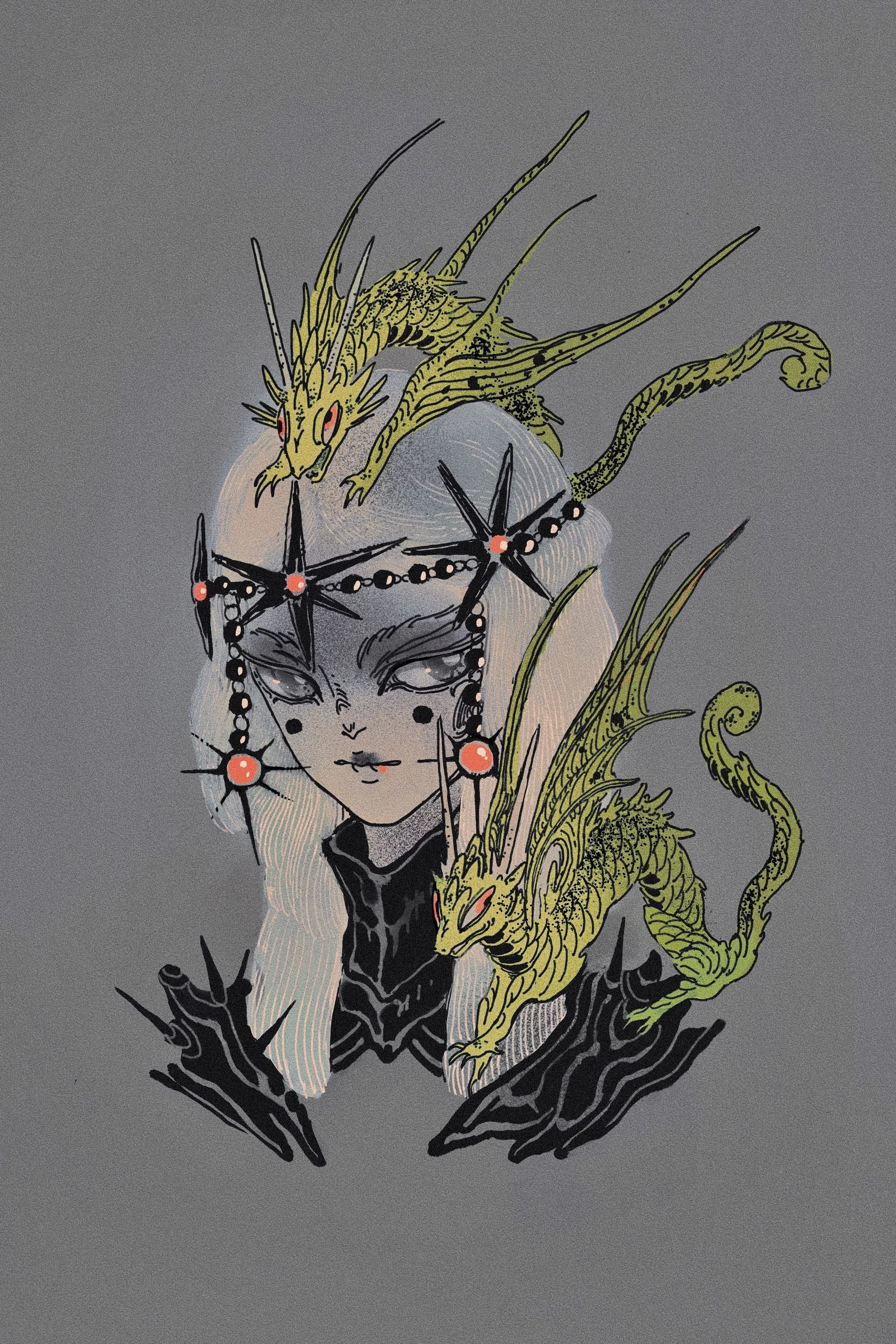 Anime-style illustration of a female character with long white hair, black ornaments on her face, and two small dragon-like creatures, one on her head and one on her shoulder.