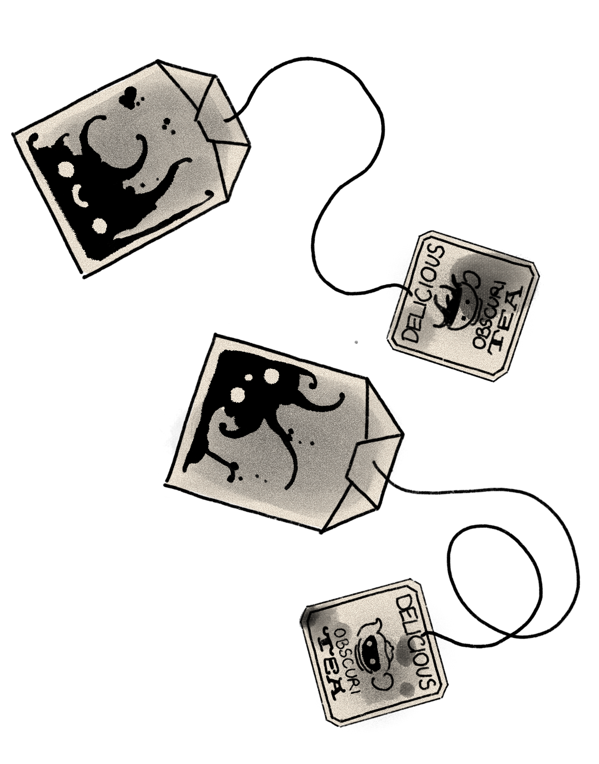 Black and white illustrated image of three sealed coffee cups with a smiling face and two food labels, one reads 'Delicious Obscuri Tea' and the other 'Delicious Obscuri Coffee'.