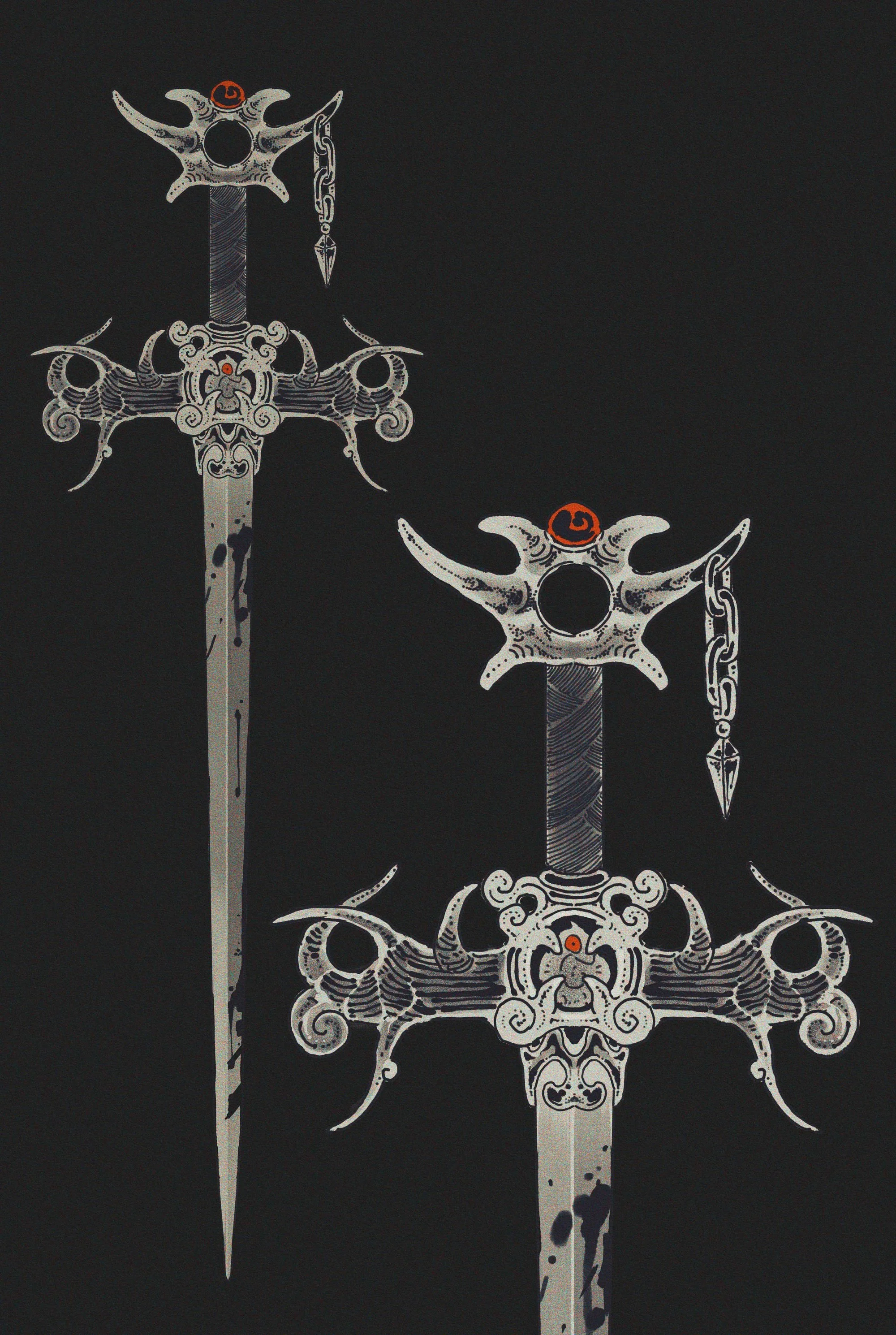 Two ornate swords with detailed hilts featuring swirling patterns, chains, and red accents on a black background.