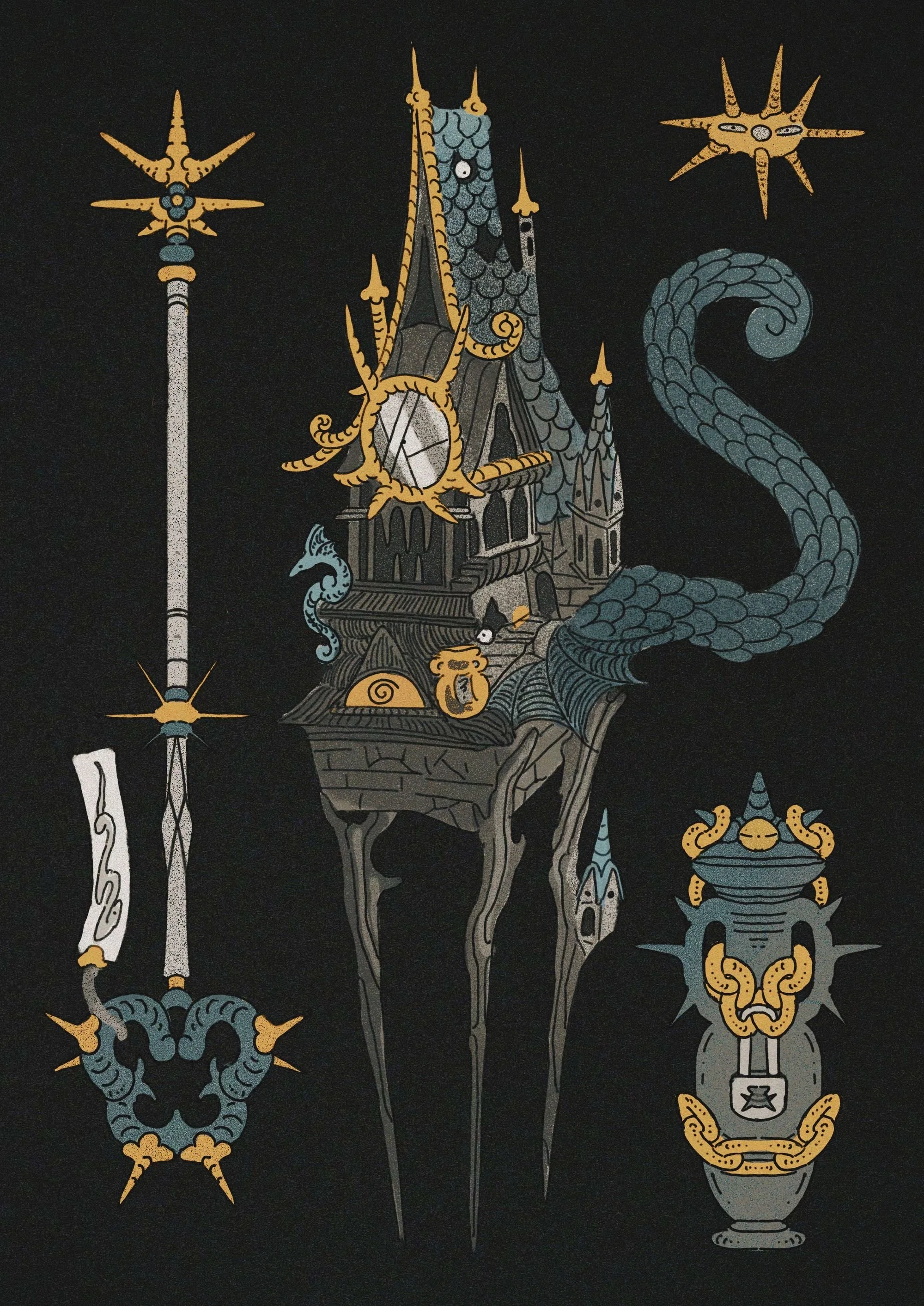 Illustration of a haunted castle on stilts with a dragon's tail, surrounded by mystical objects like a staff, a cup with a tentacle, and a clock with golden spikes, all set against a dark background.