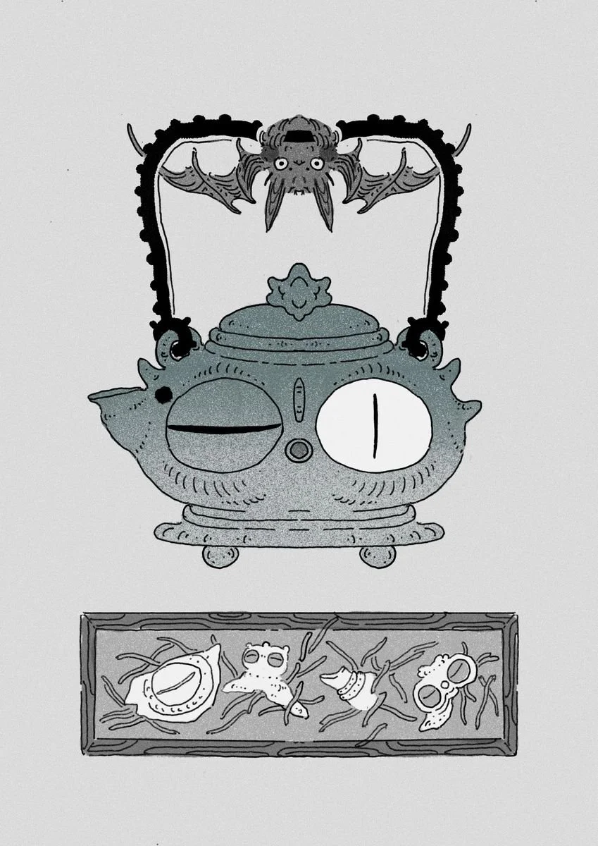 A black and white cartoon illustration featuring a fantasy scene. At the top, a dragon with wing-like arms, big eyes, and a smiling face. Below the dragon, there is an ornate, vintage-looking lamp with two large circular dials on its front and decora
