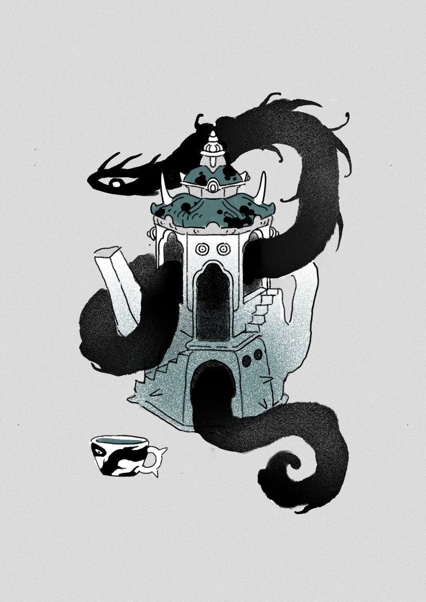 A black and white drawing of a dragon wrapping around a traditional Asian temple with a staircase, a small fish bowl, and stylized details.