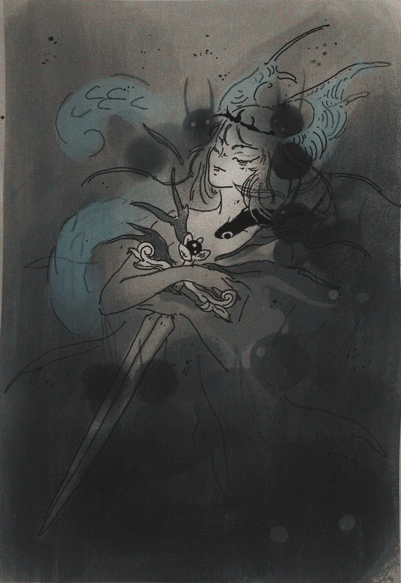 An artistic black and white sketch of a woman with long flowing hair, holding a small dog, surrounded by large flies and abstract swirling shapes.