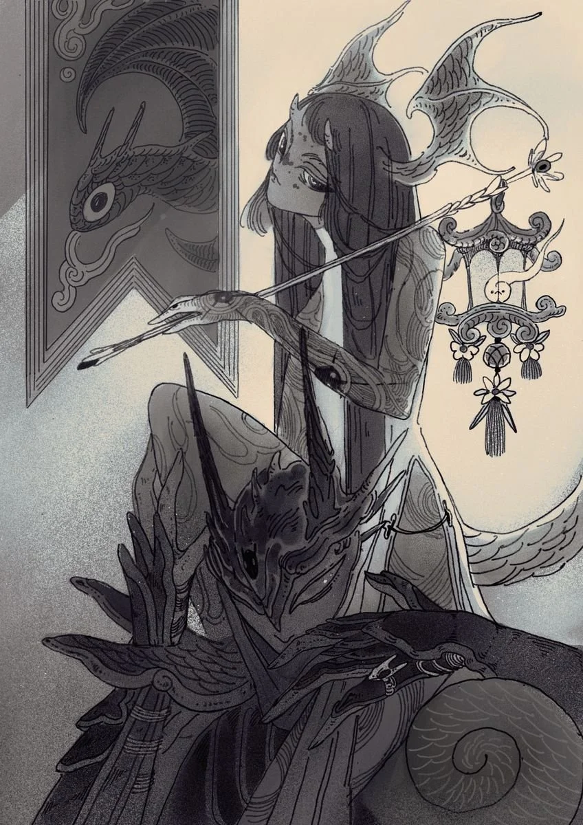 A black-and-white illustration of a mythological scene featuring a dragon, a girl with long hair, and a sea creature. The girl has wings on her head and is holding a long staff, with a decorative lantern hanging from her arm. The scene includes intri