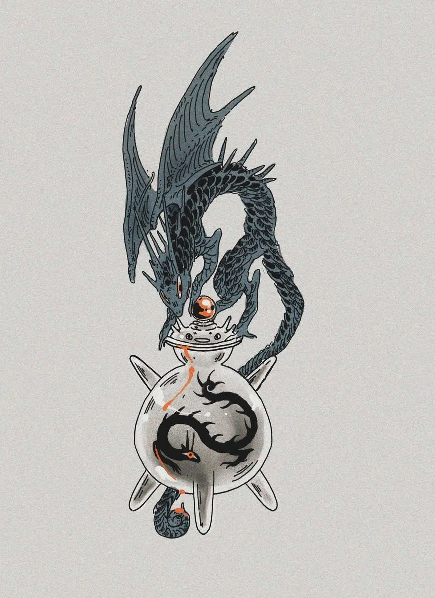 A drawing of a black dragon with blue accents perched on a round, metallic object with dragon symbols, with orange line details.