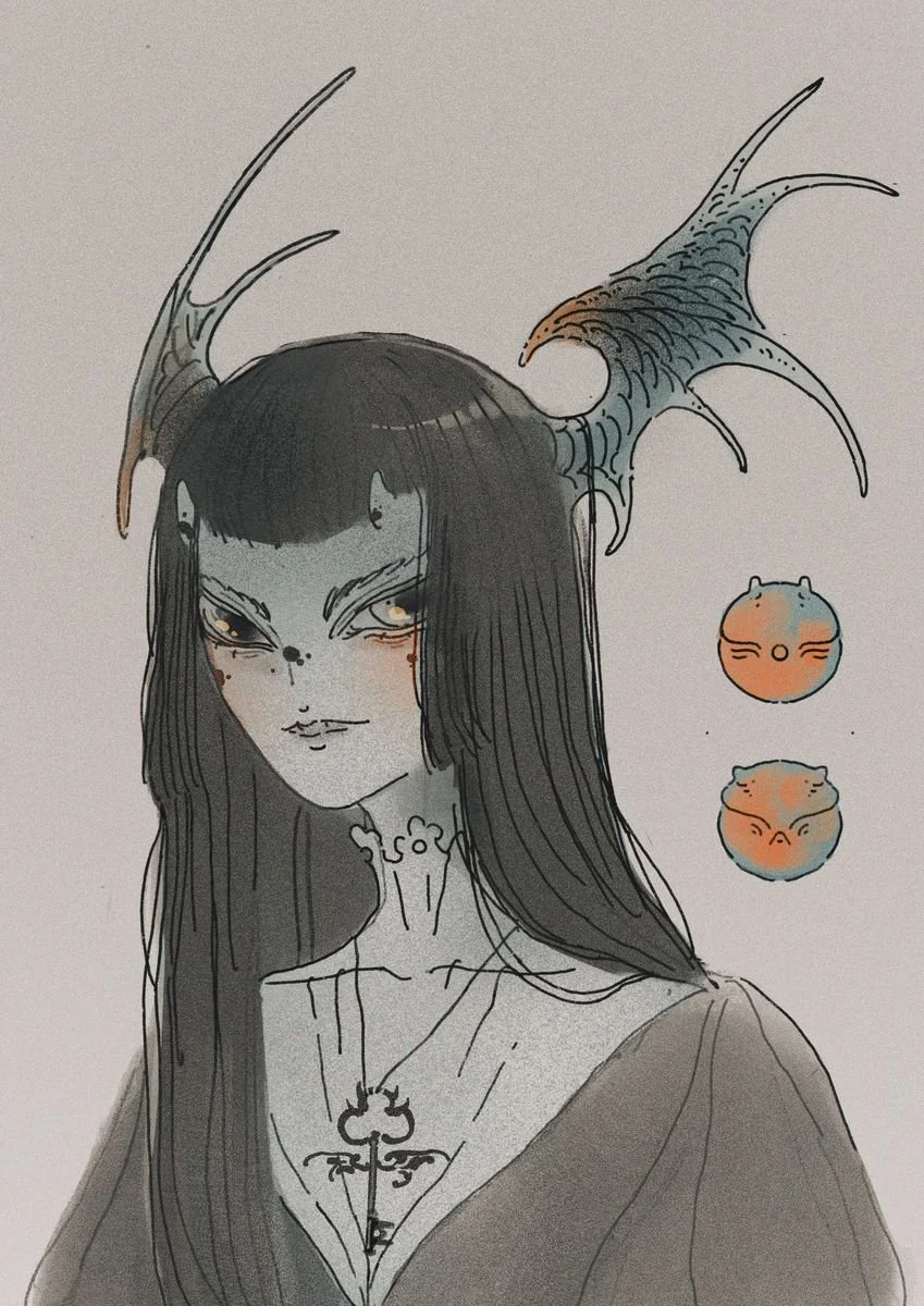 A fantasy-style portrait of a woman with long black hair, pointed eyebrows, and in gray and black clothing. She has a mystical appearance with a headpiece resembling bat wings and two floating, round, orange and blue orbs with face-like features besi