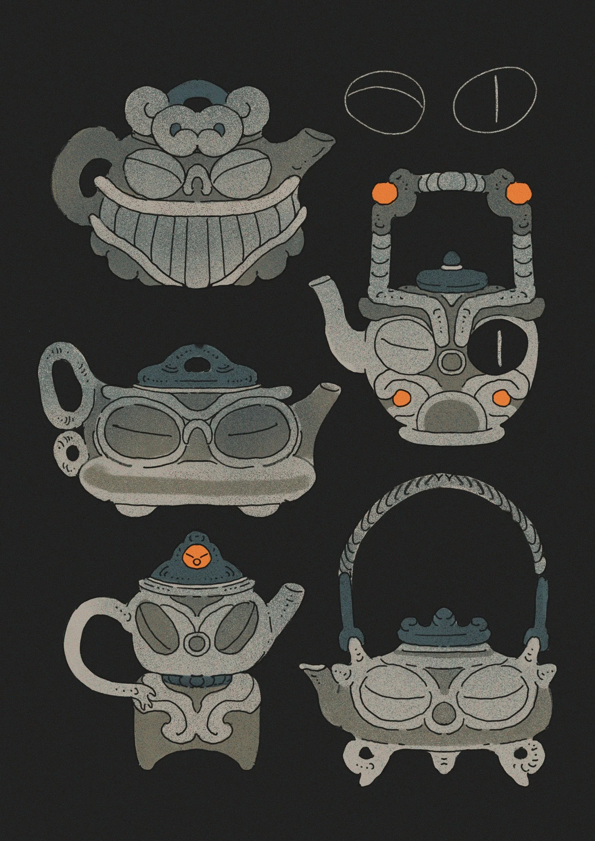 Illustration of four teapots and a cup with a cartoon face, set against a black background.