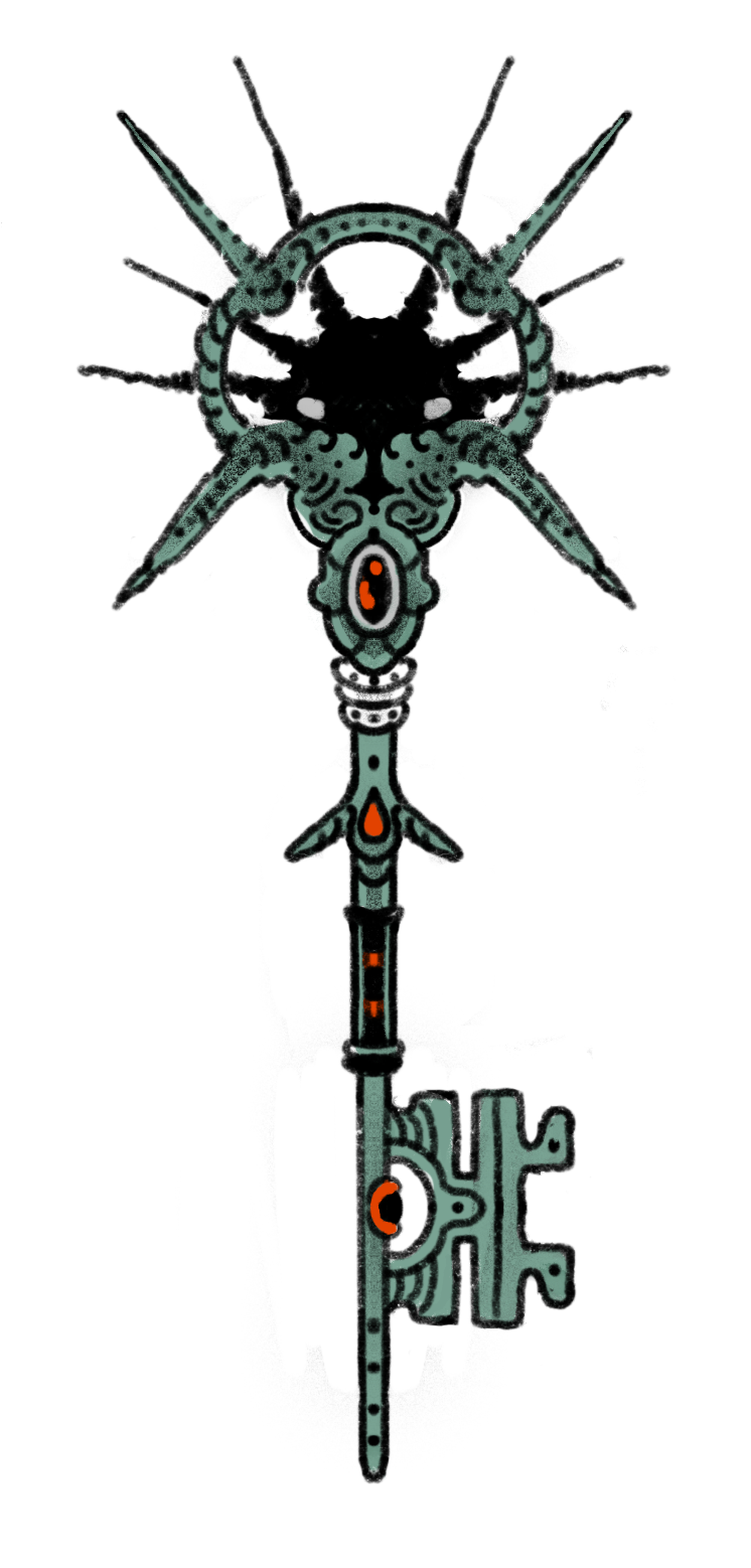 A detailed, stylized diagram of a fantastical, insect-like creature with elaborate designs, large antennae, and glowing orange accents.
