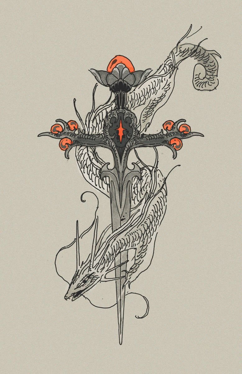 A detailed illustration of a mythical or fantasy creature combining elements of a dragon, a fish, and an insect, with intricate line work and orange accents.
