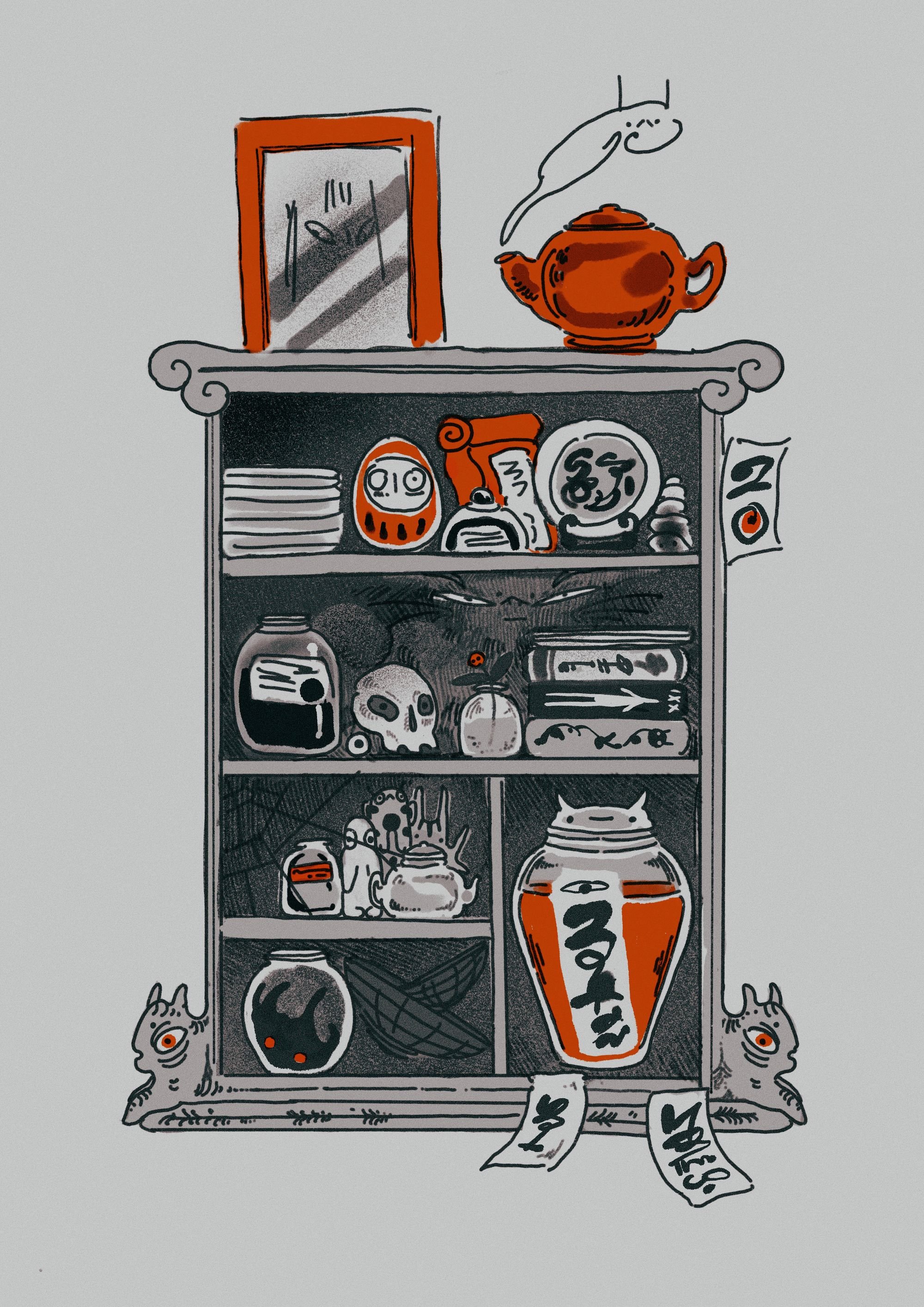 A drawing of a cabinet with various objects on and inside it, including a teapot, a framed picture, a calendar, a skull, jars, scrolls, and small figures, with decorative cat figures at the base.