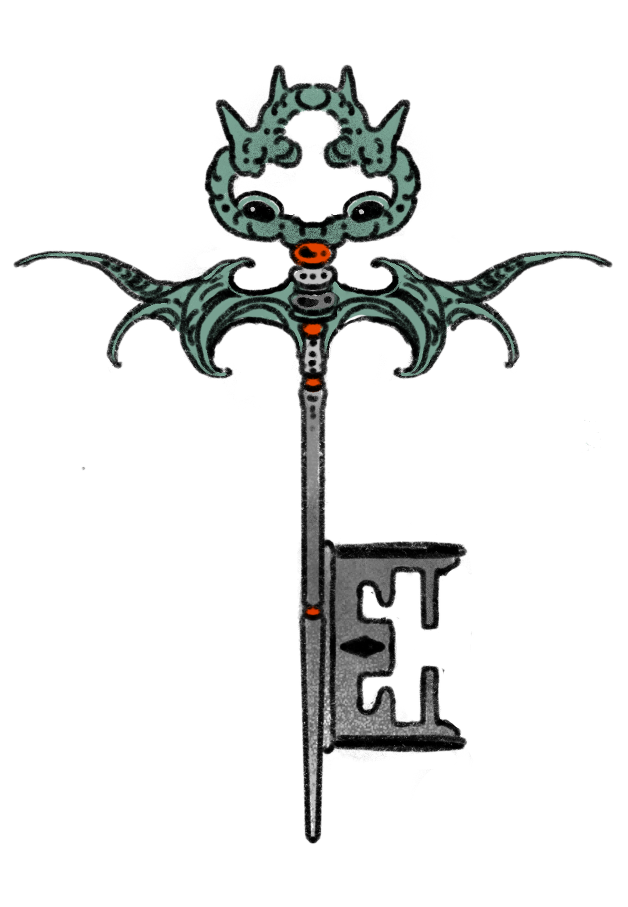 A stylized digital illustration of a key with an ornate, fantasy-inspired creature's head as the bow, featuring intricate details and a color scheme of black, gray, white, orange, and purple.