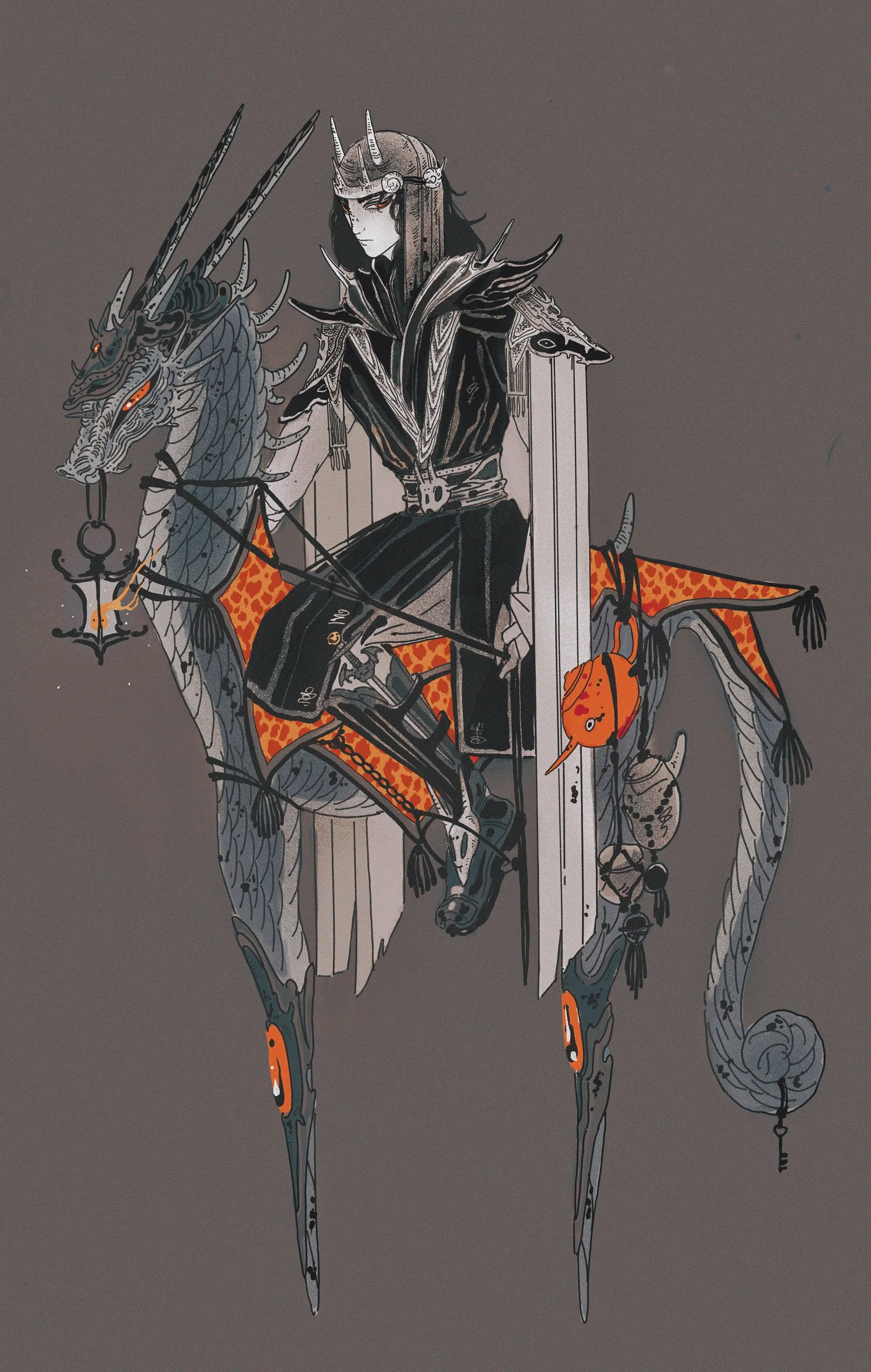 An artistic digital illustration of a humanoid figure with a horse, both wearing armor, against a dark gray background. The figure has humanoid features, with black hair, horns, and a crown-like headpiece, and is dressed in dark armor with ornate det