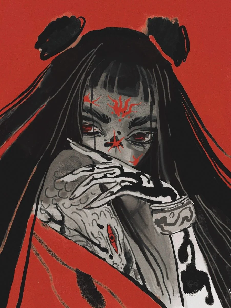 Stylized drawing of a woman with black hair styled in two buns, with red markings on her face and forehead, holding a cup of coffee or tea, set against a red background.