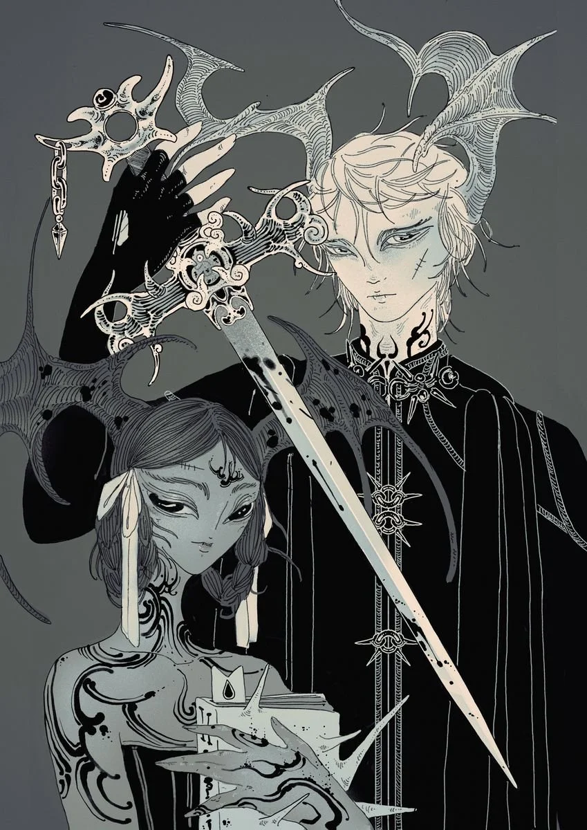 Dark fantasy illustration of a male figure with horns and intricate makeup, holding a sword, and a female figure with tattoos, wearing a wide-brimmed hat, holding a book and a candle, both in dark clothing with gothic elements.