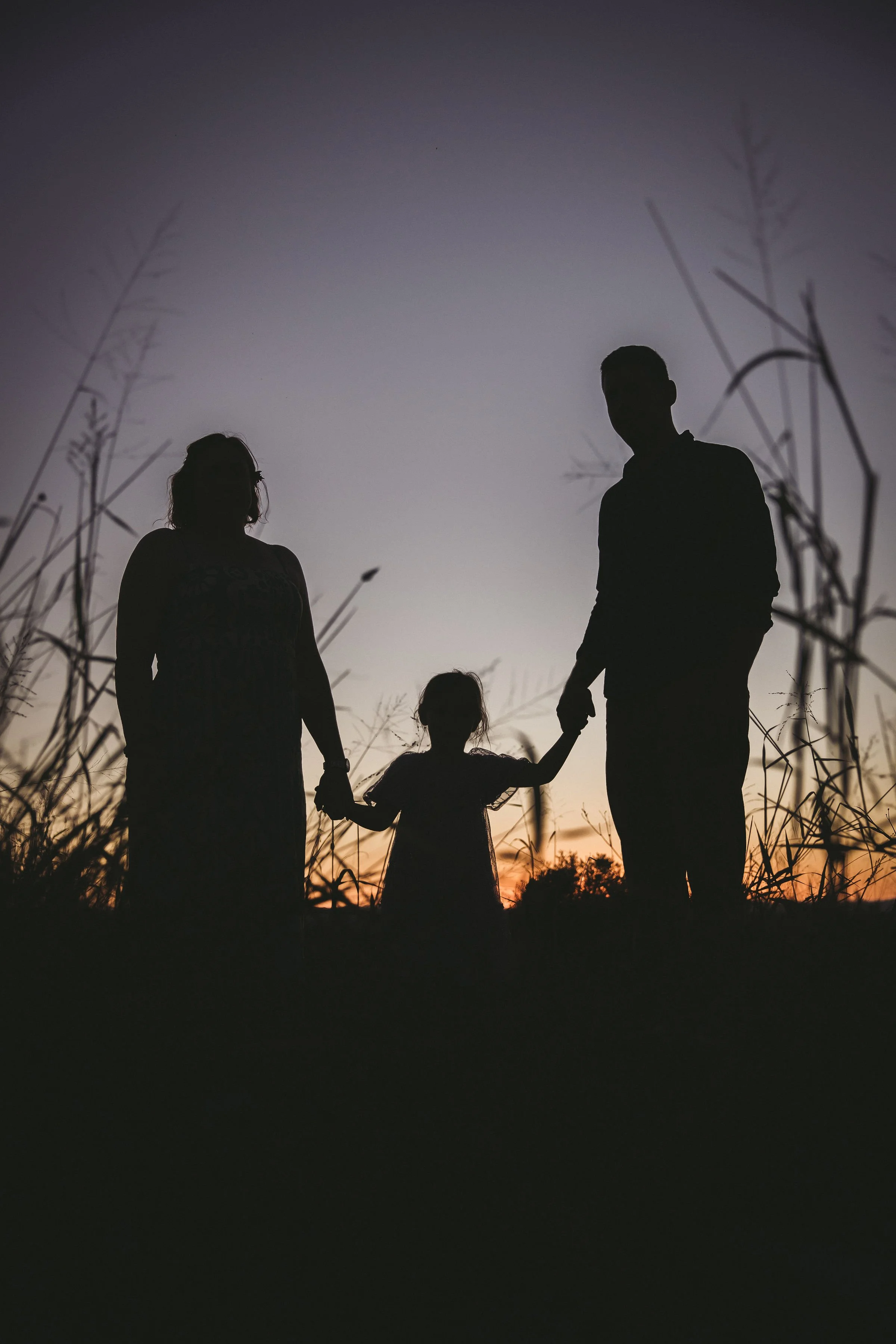 Silhouette of a family holding hands during sunset in a grassy field.