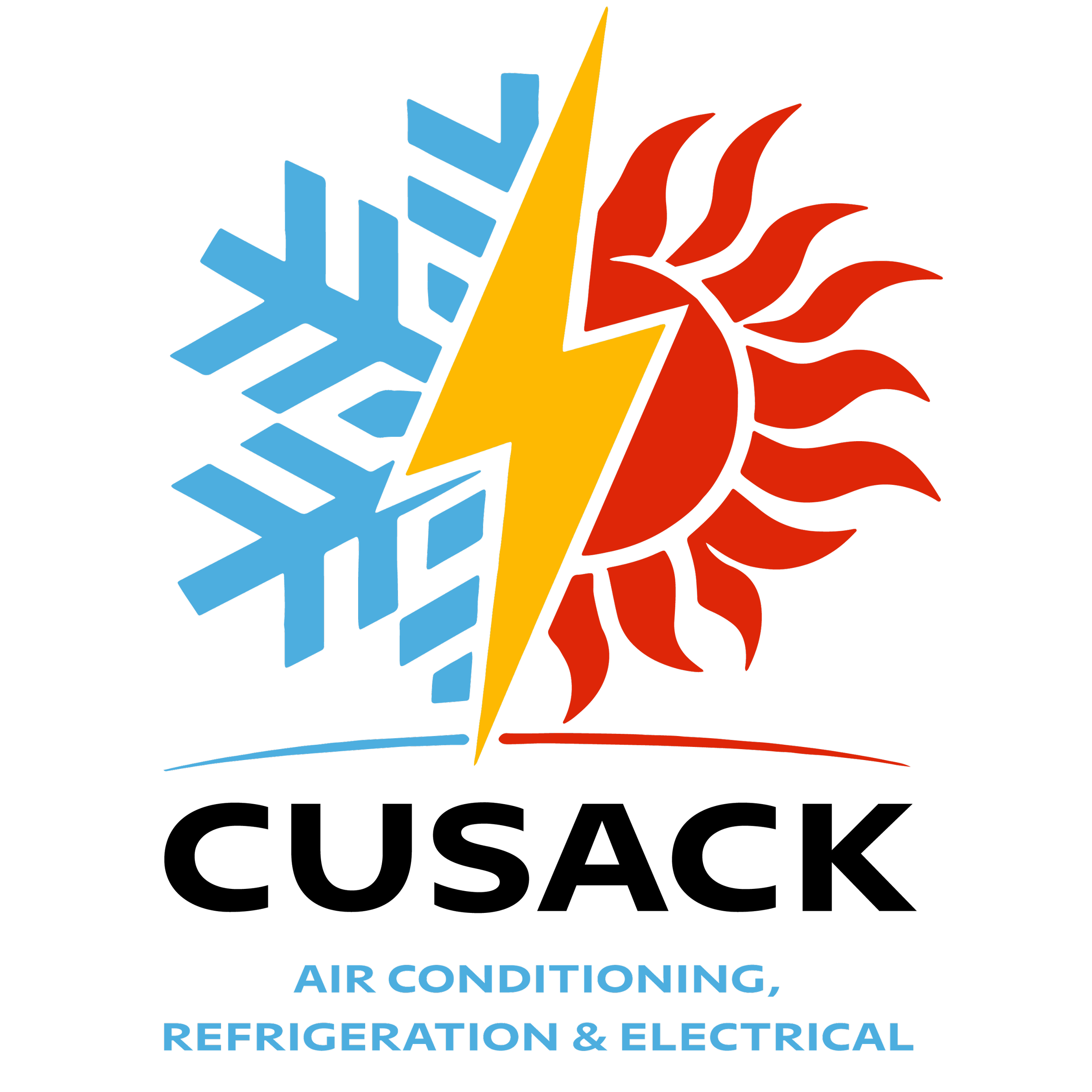 Icon of a blue snowflake and a red sun with a yellow lightning bolt in the center, representing air conditioning, refrigeration, and electrical services.