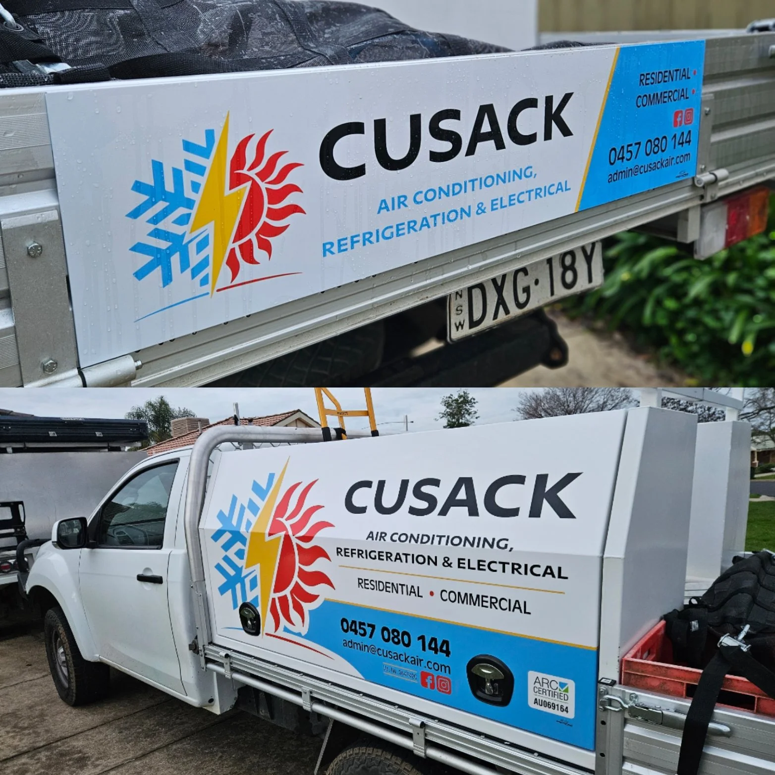 A white utility truck with a large sign on the side advertising CUSACK air conditioning, refrigeration, and electrical services, including residential and commercial. The sign features blue snowflake and red sun icons, the company name in bold black text, contact information, and icons for social media.