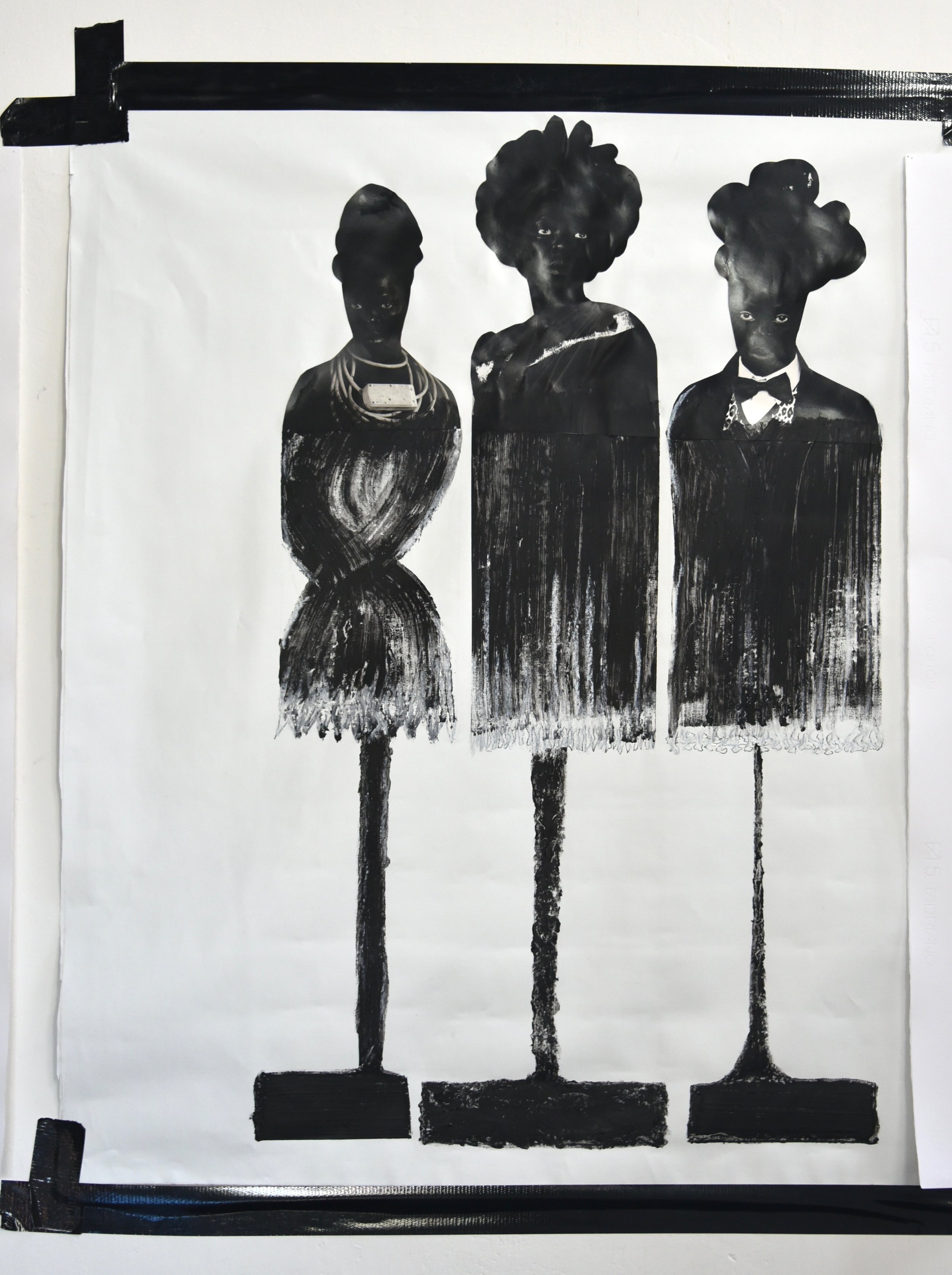 Black-and-white artistic print of three women with large, voluminous hair, dressed in vintage attire, standing in a row on a white background.