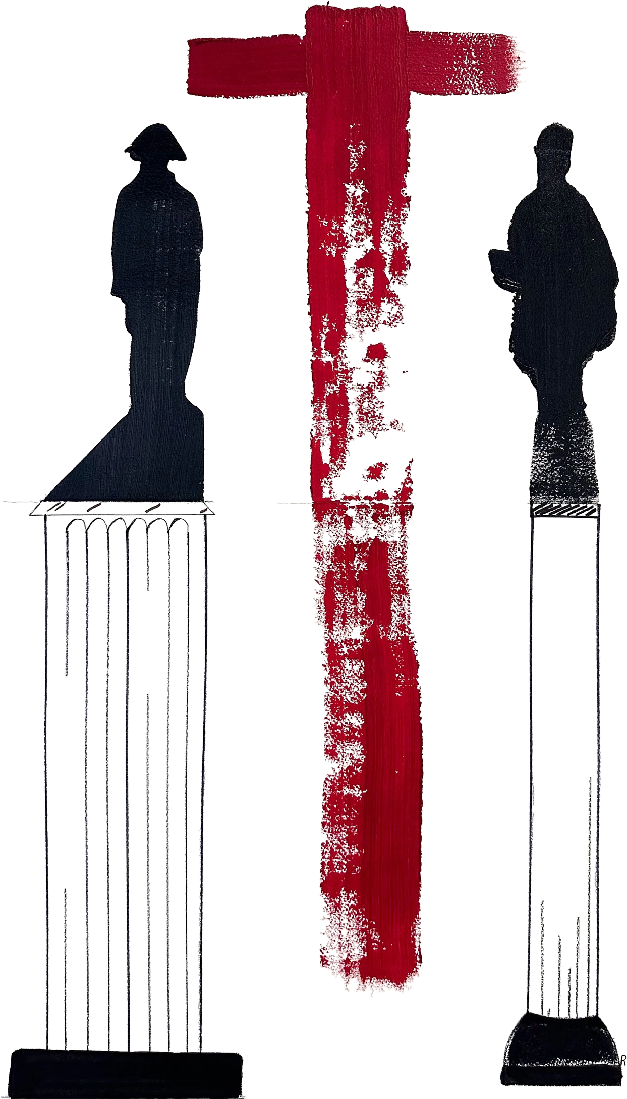 An illustration of two classical Greek or Roman statues, one on the left and one on the right, on tall pedestals with a large red cross in the background.