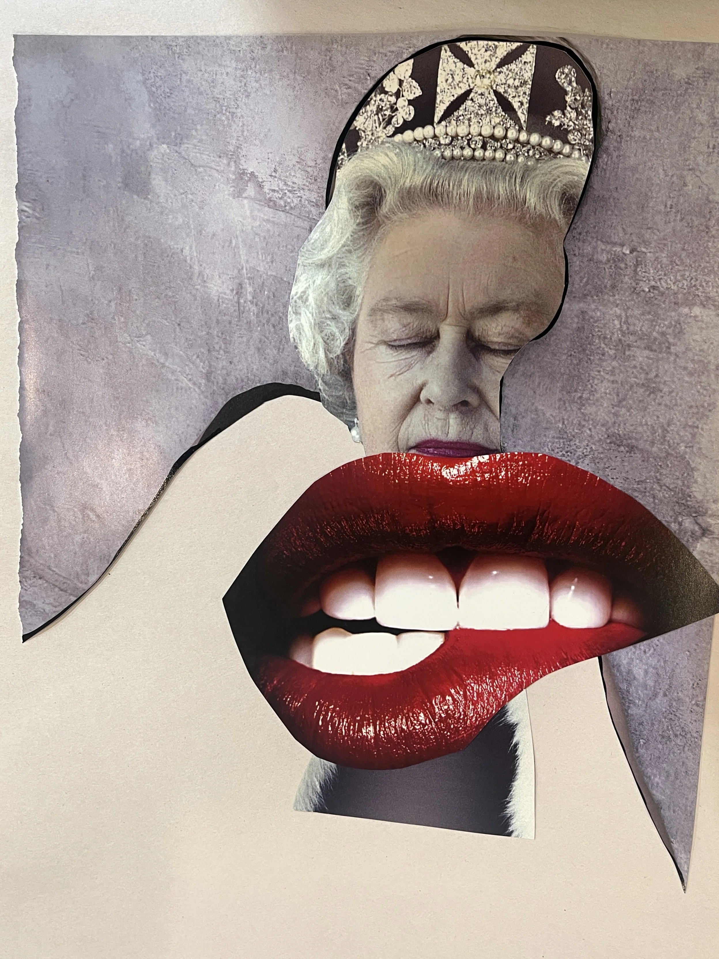 Collage of cut-out images including a woman with a crown and white hair, a set of red lips, and an open mouth showing teeth.