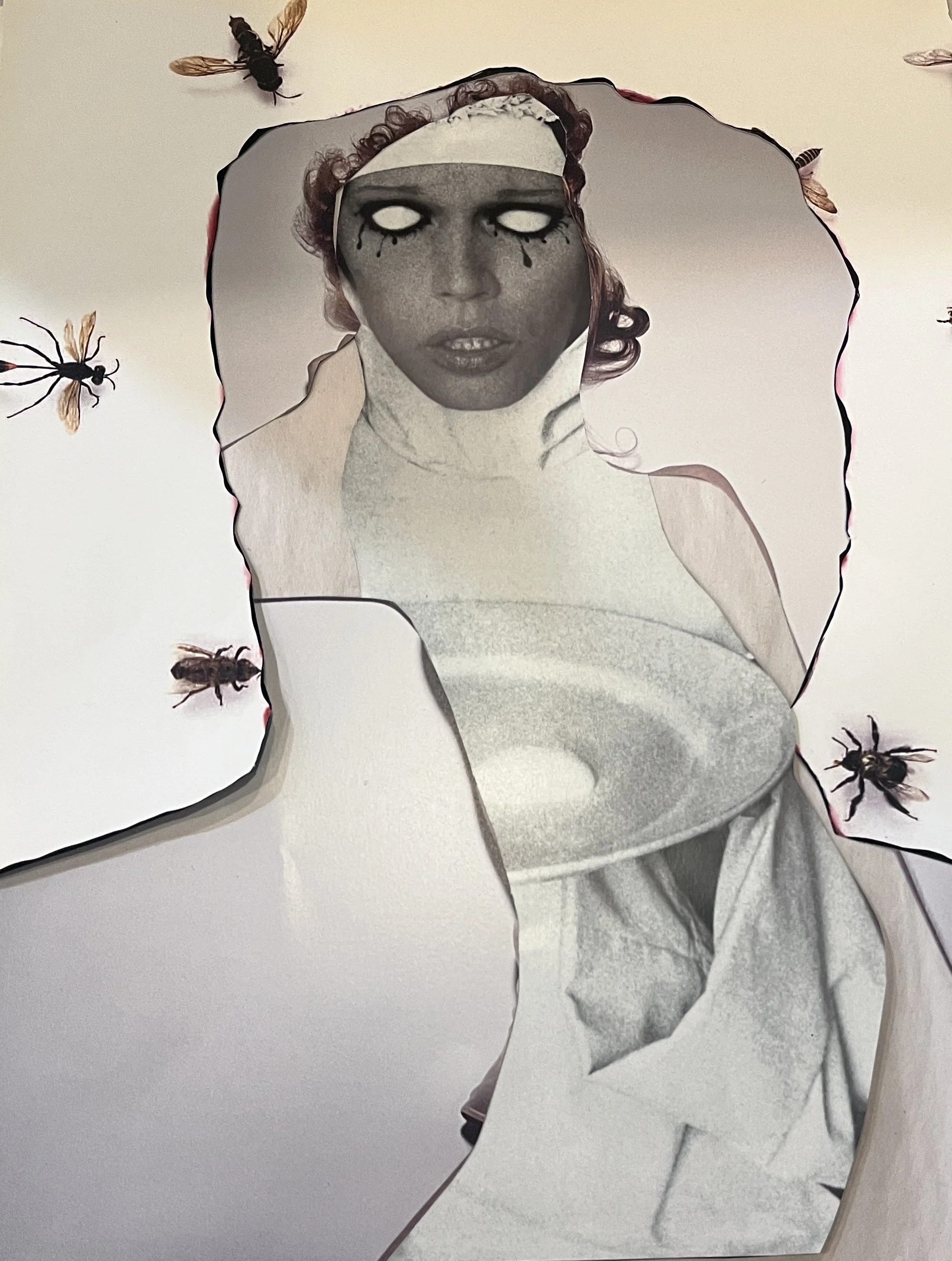 A black and white collage-style image of a woman with exaggerated features, damaged and torn paper effects, surrounded by illustrations of bees and insects.