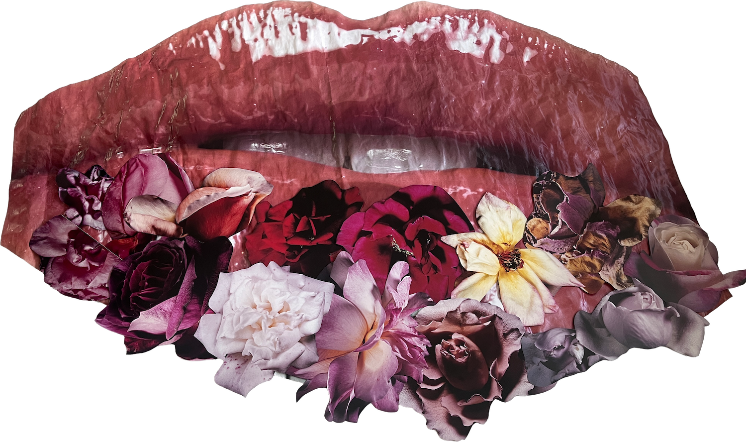 A combination of a woman's open mouth with lipstick and a collection of various roses forming a floral pattern below the lips.