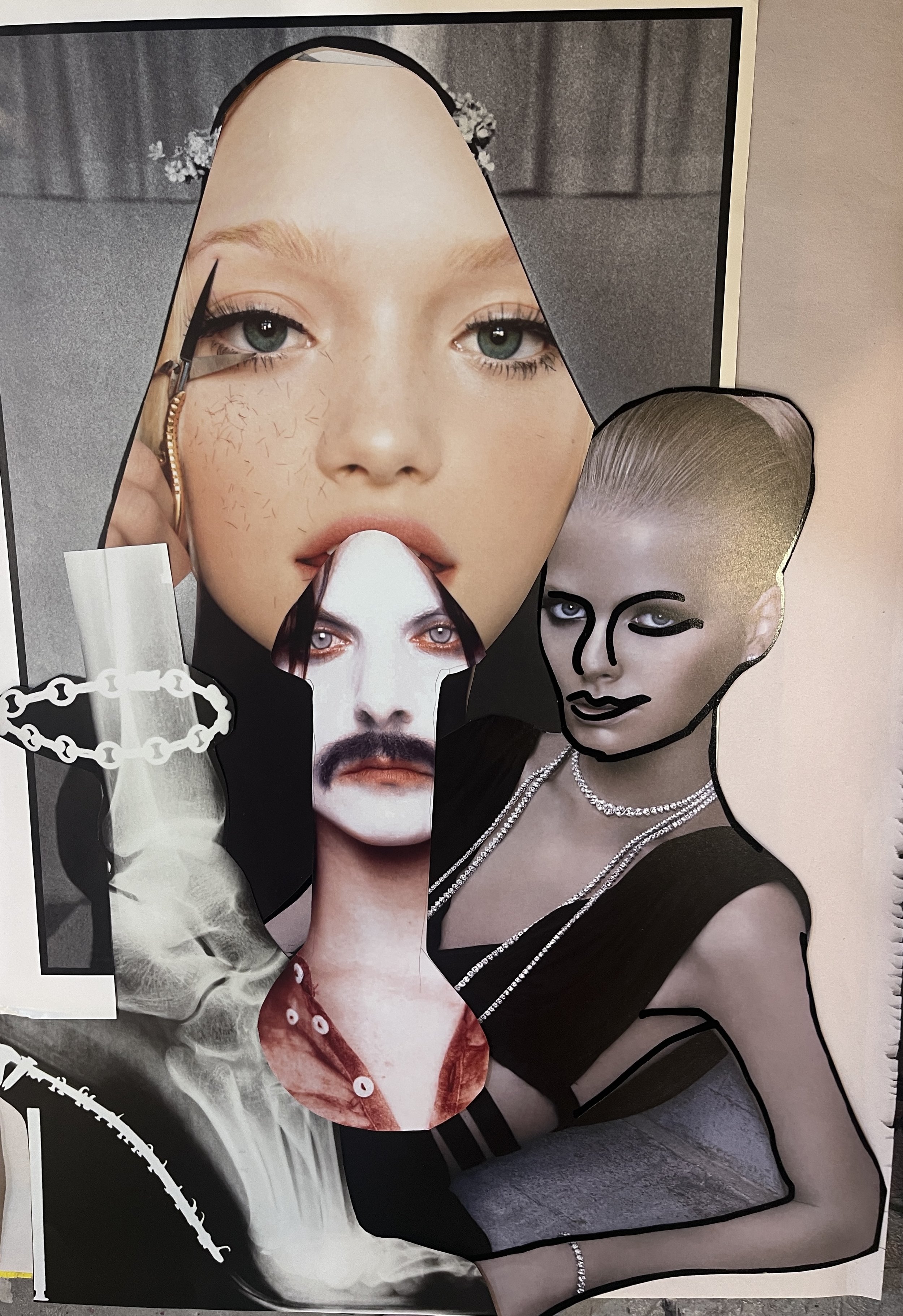 Mixed media artwork combining a photograph and illustrations of women with stylish makeup, jewelry, and black-and-white clothing, with one face holding a white object near her lips and another face drawn outline.
