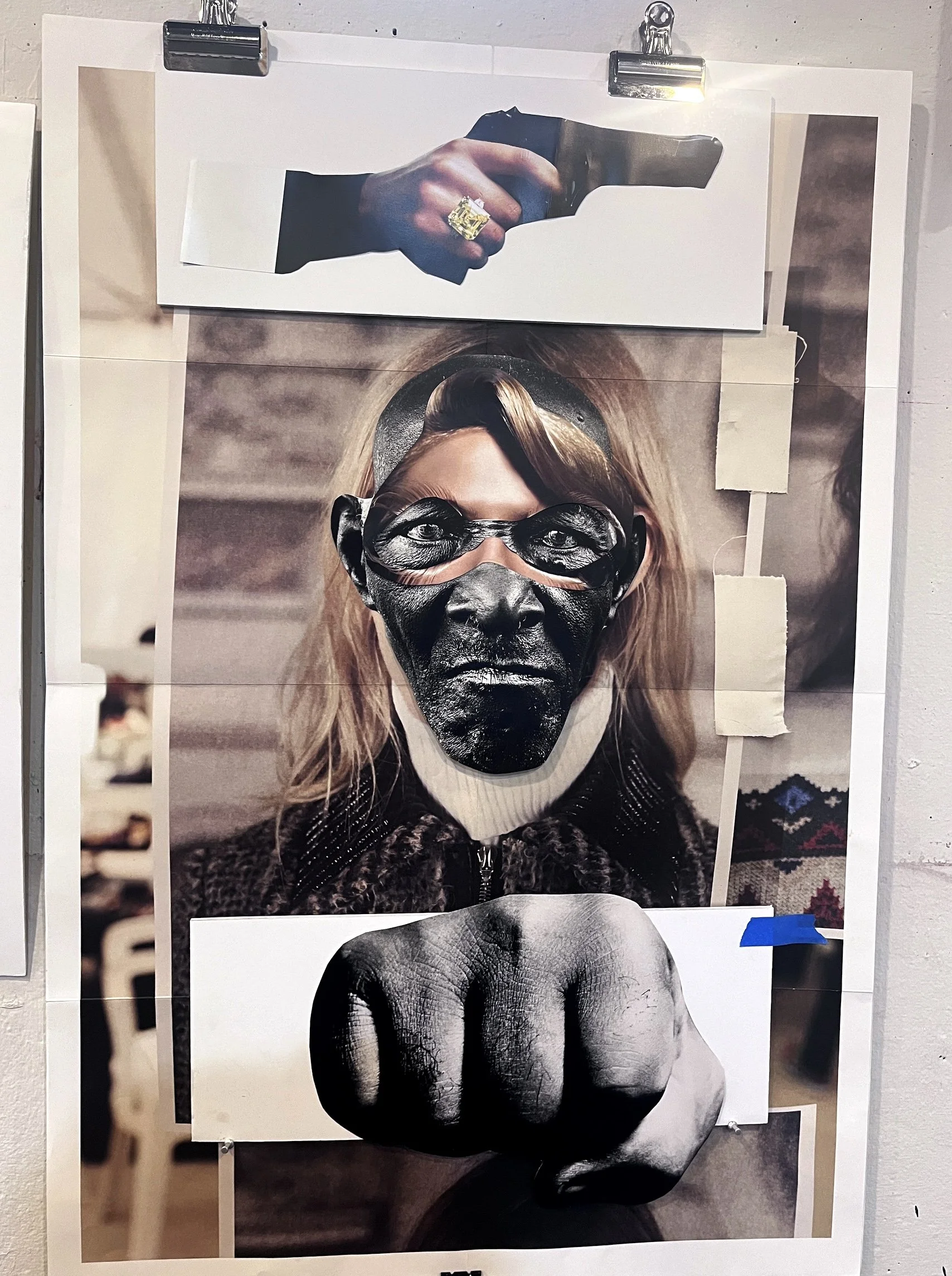 Collage of black-and-white and color photographs showing a woman with a painted black face, wearing glasses, and a mask, with various close-ups of her face and body.