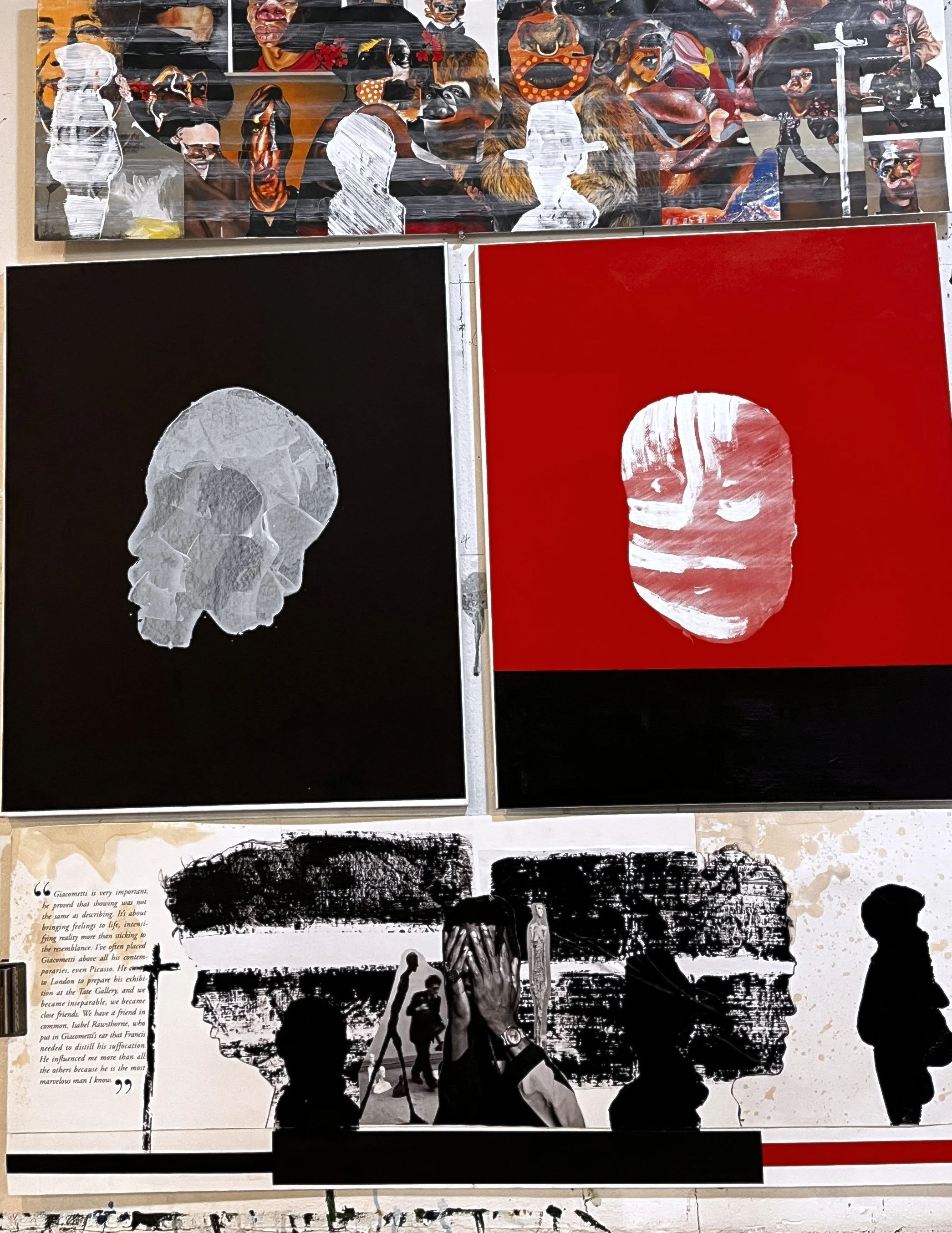 A collage of artworks including painted skull images and black and white stenciled portraits, some featuring human figures and figures in front of trees, with a section of printed text on the left side.