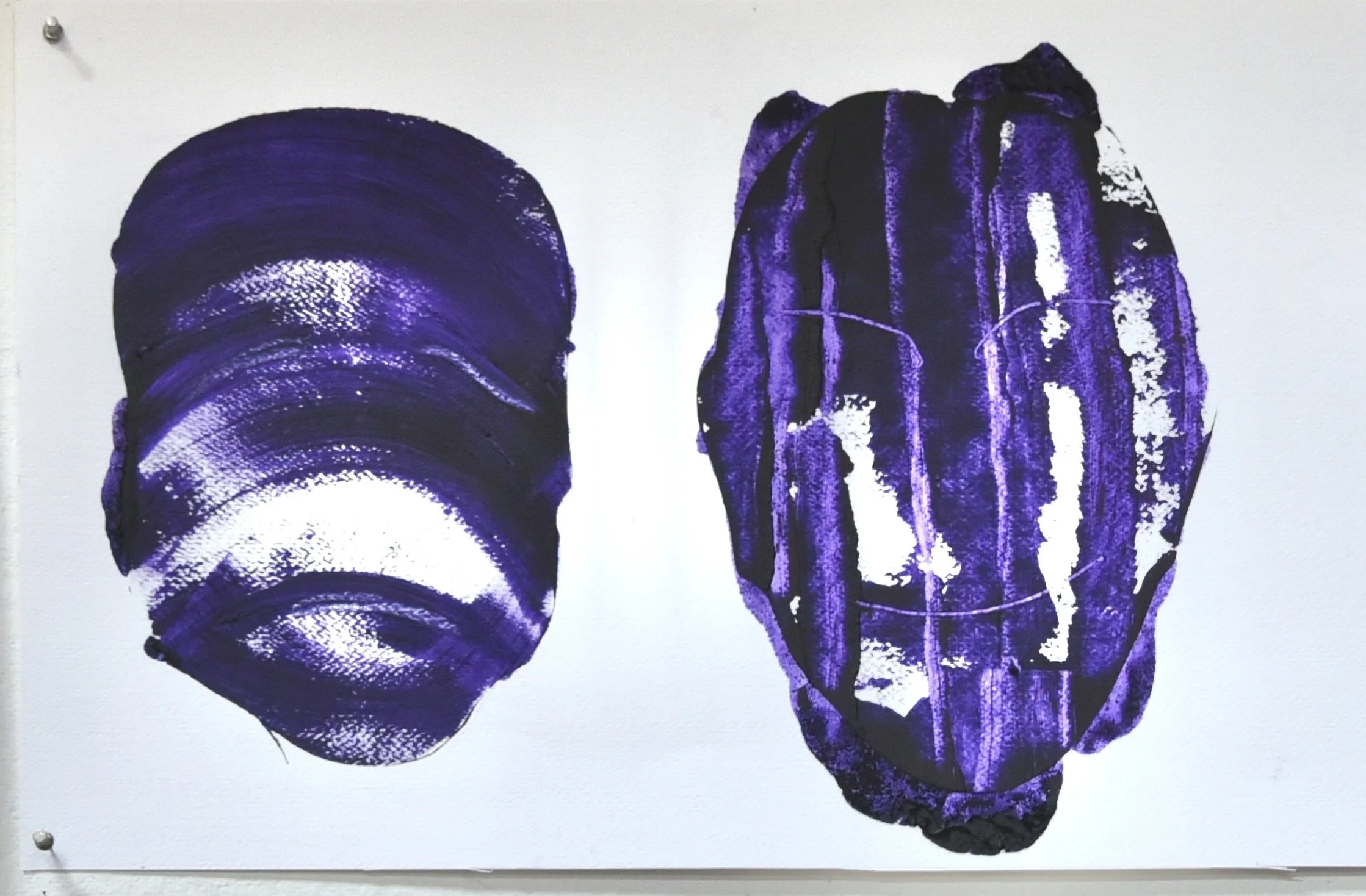 Abstract artwork of purple and black paint strokes on a white background.