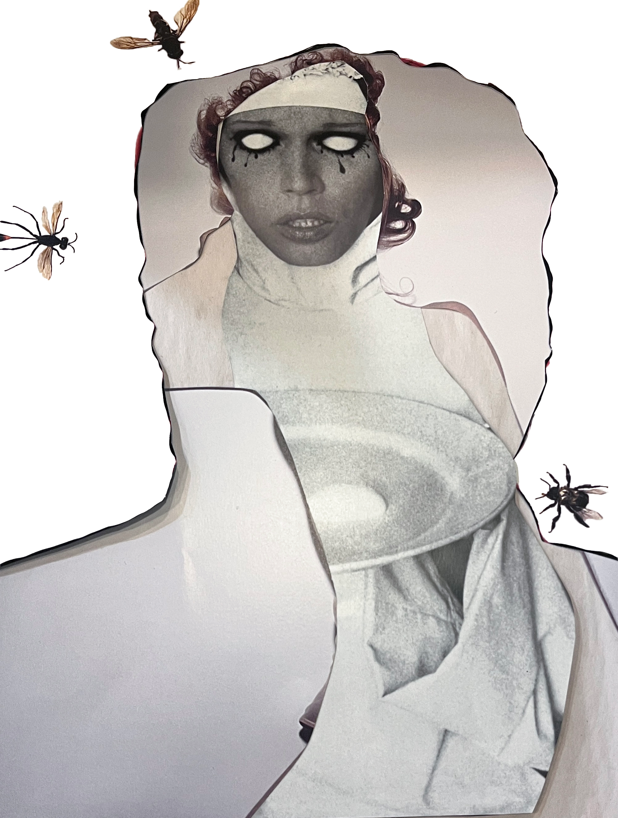 A black and white artistic illustration of a woman with curly hair, wearing a headscarf, with hollow eyes and black tears, and surrounded by bees.