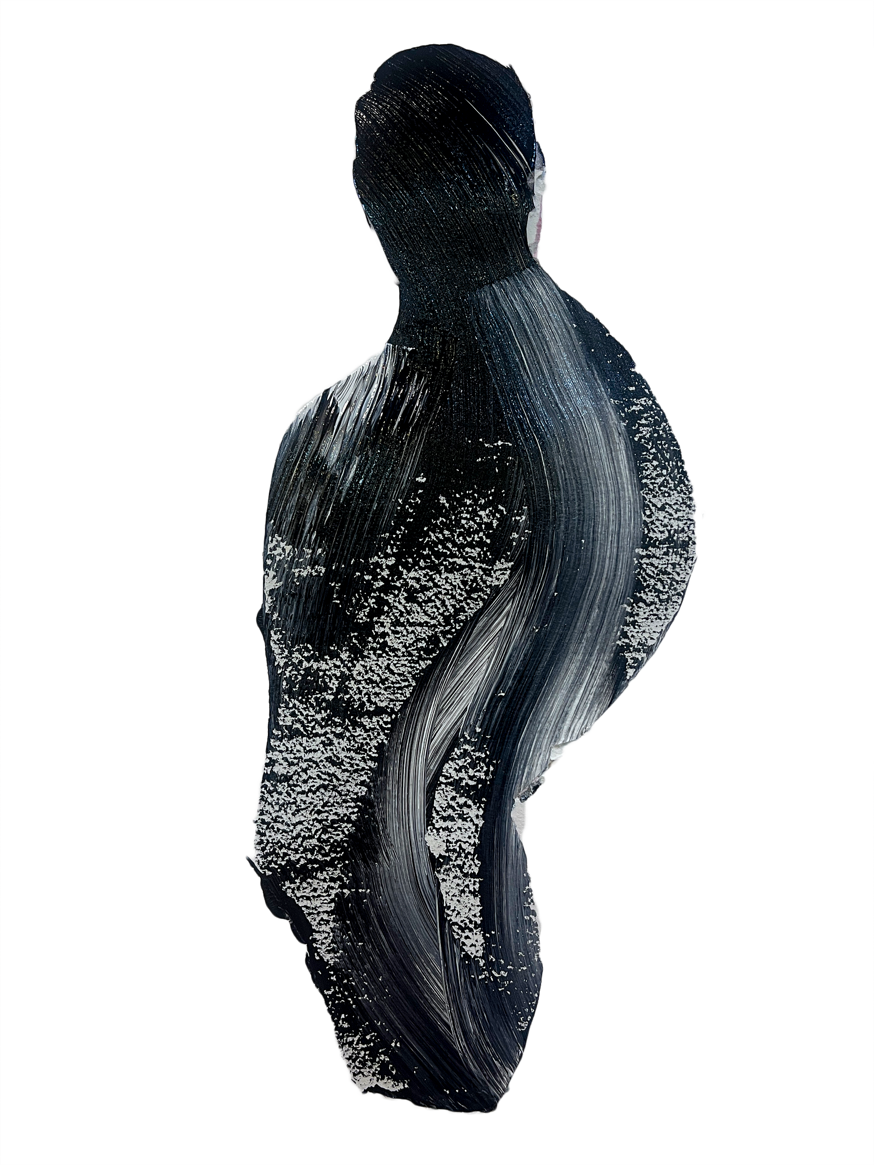 An abstract, distorted image of a person with dark hair, seen from the back, with the image manipulated to create streaks and a textured effect.