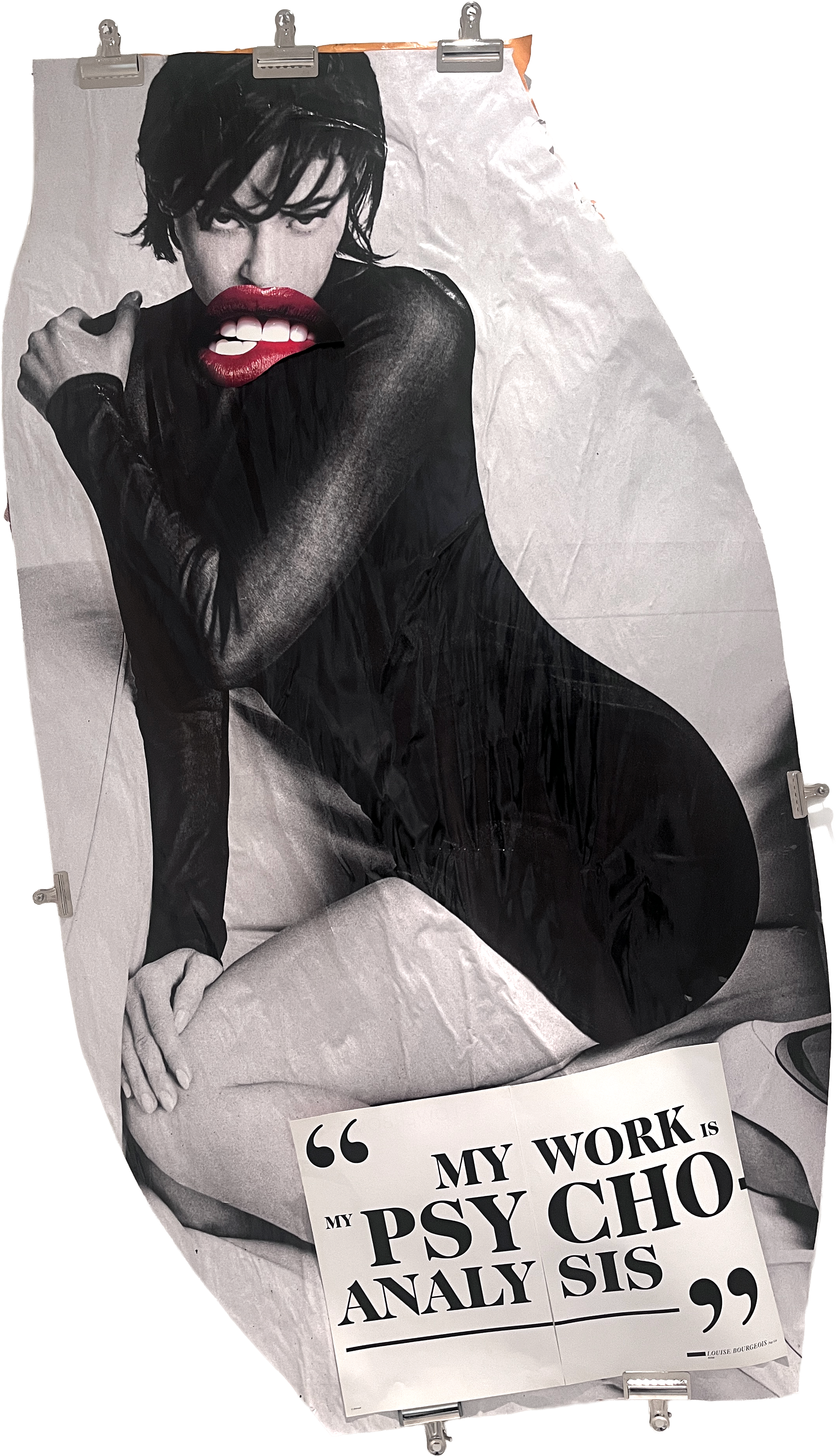 Poster featuring a woman with dark hair, wearing a black outfit, with an exaggerated large mouth and teeth. The poster includes a quote that reads, 'My work is my psy chо, my analysis my sis,' attributed to Louise Bourgeois.
