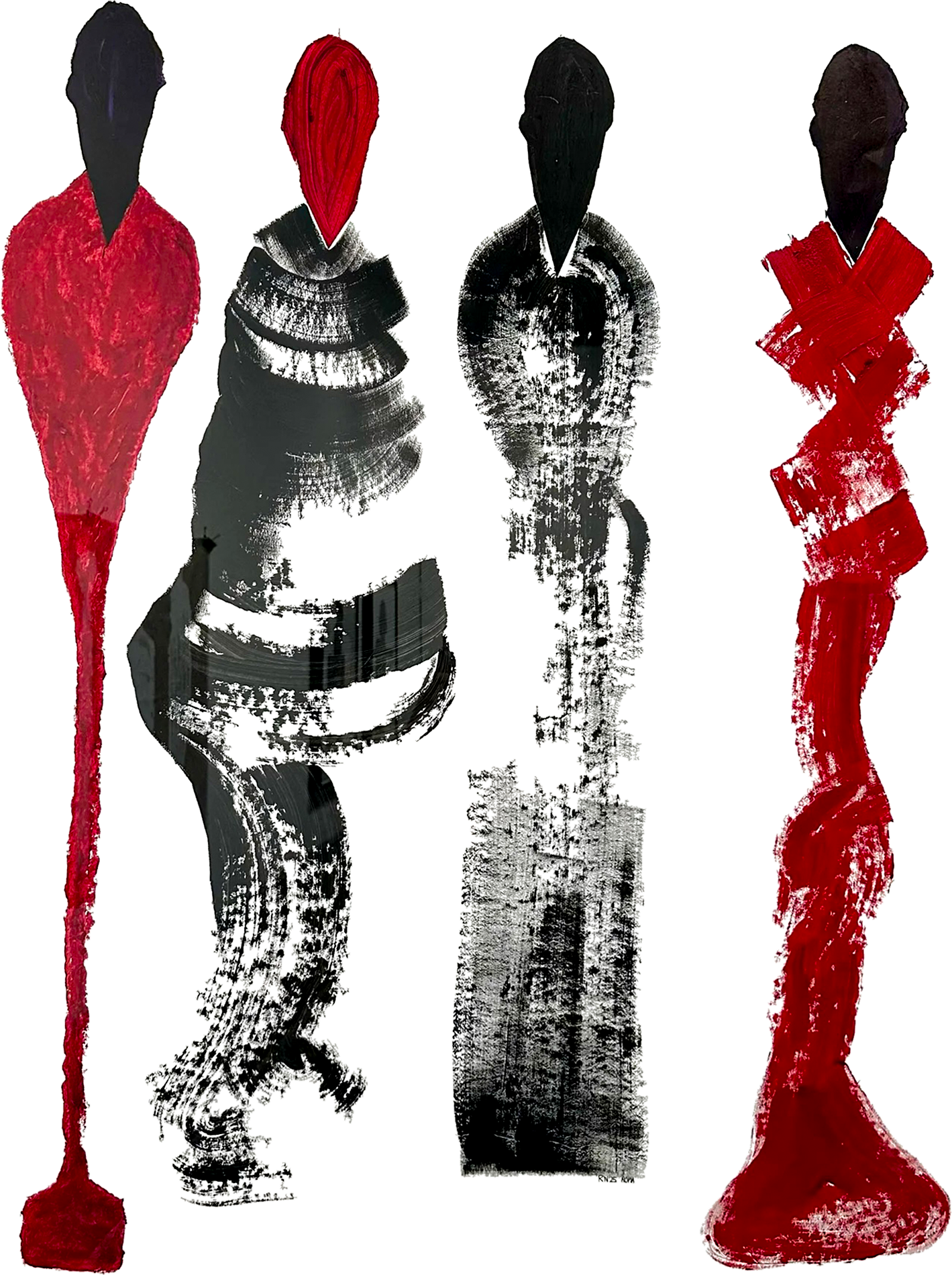 Abstract art featuring four abstract figures with elongated, faceless heads. The figures are painted in black or red, with textured brush strokes, each standing against a white background. The first and last figures are predominantly red, while the m