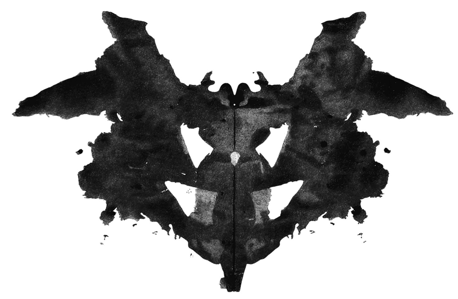 Black and white butterfly-shaped inkblot with symmetrical patterns and textured appearance.